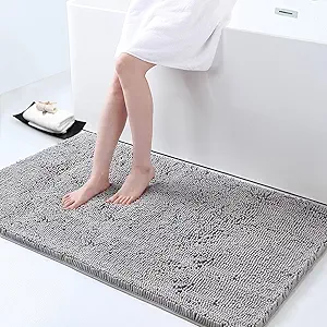 Smiry Luxury Chenille Bathroom Rugs 44x24, Extra Soft and Absorbent Shaggy Bath Mat, Machine Washable, Non-Slip Plush Carpet Runner for Tub, Shower, and Floor, Home Decor Accessories, Light Grey