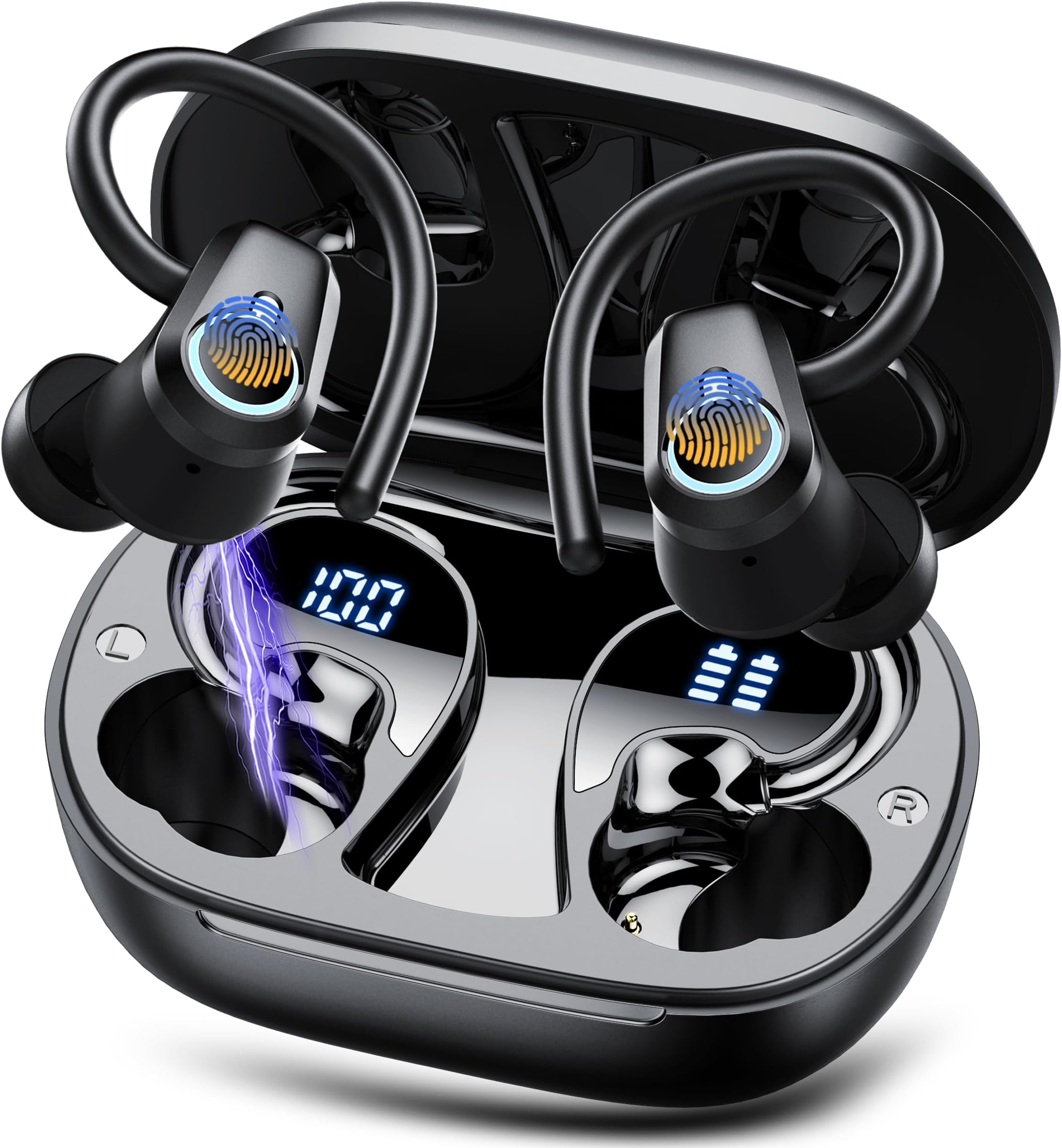 Wireless Earbuds, Bluetooth 5.3 Headphones with 4 ENC Noise Canceling Mic, 50H Stereo Dual LED Display Ear Buds, Sport Bluetooth Earphones with Earhooks, IP7 Waterproof Wireless Headphones for Running