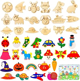 MGparty 36pcs DIY Wooden Magnets Painting Craft Kit, Wooden Art Craft Bulk Toys for Kids Age 3,4,5,6,7,8-12, Party Favors Decorate Your Own Painting Birthday Gifts for Boys Girls