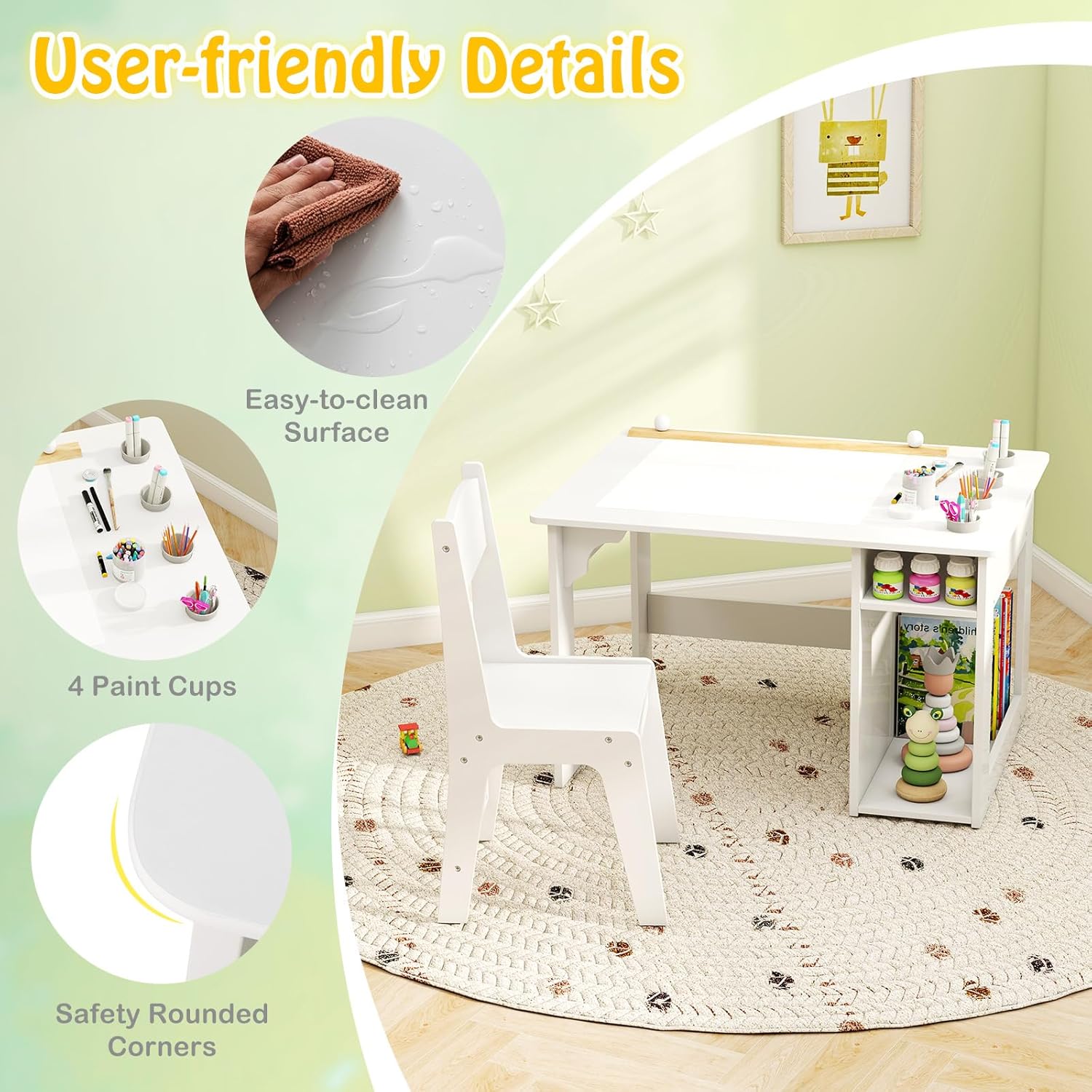 HONEY JOY White Kids Table and Chair Set, Wooden Arts and Crafts Activity Table w/Paper Roller, 4 Paint Cups & Storage Shelves, Children Learning Furniture, Toddler Table and Chair Set, Gift