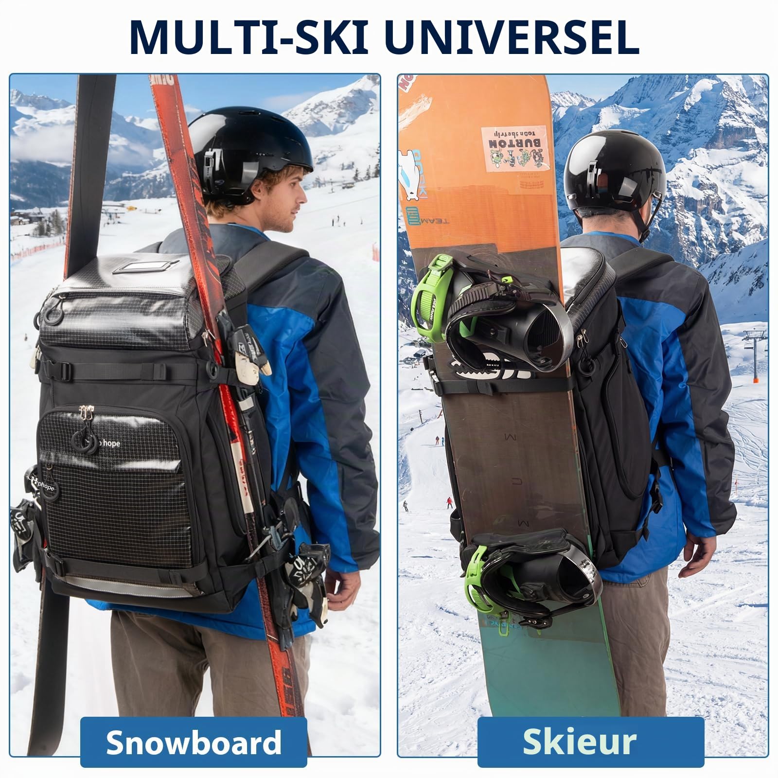 Hp hope Sac à chaussures de ski avec compartiment pour casque Sac à dos de ski avec sac pour casque de ski Bottes de ski Patins à glace Snowboard Sac à dos Randonnée Camping 70L