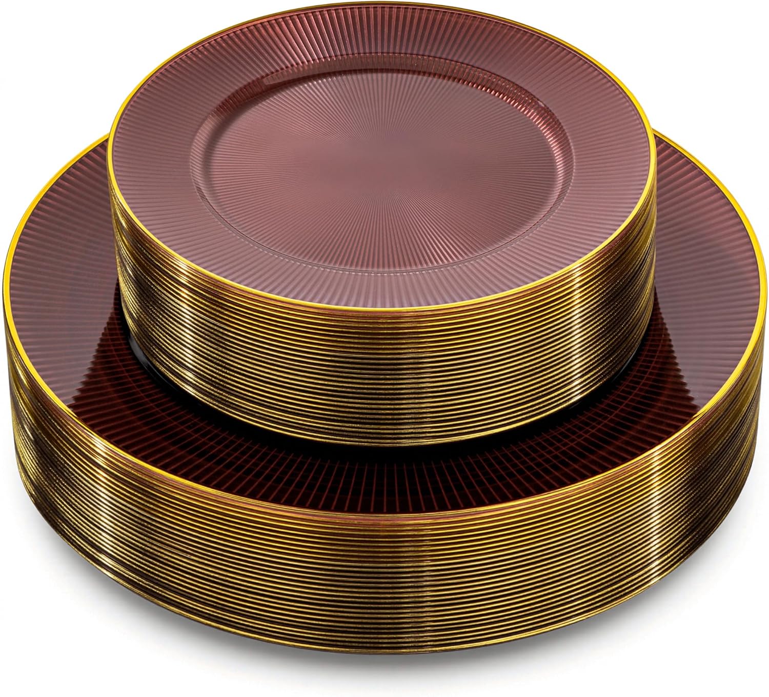 Hioasis 60pcs Burgundy and Gold Plastic Plates - Burgundy Disposable Dinnerware Set, 30pcs Dinner 10.25in & 30pcs Dessert 7.5in Plates with Striped Designs for Party & Wedding