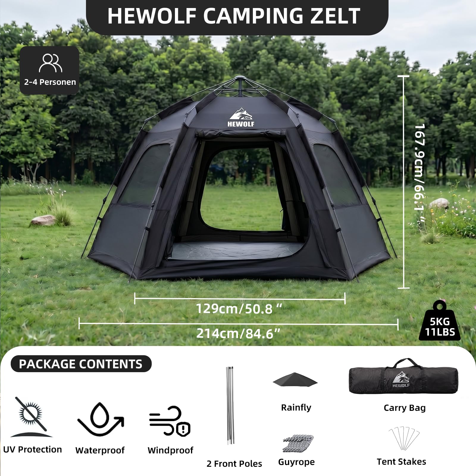 Amazon.com : Hewolf 2/3/4 Person Camping Tent - Instant Pop Up