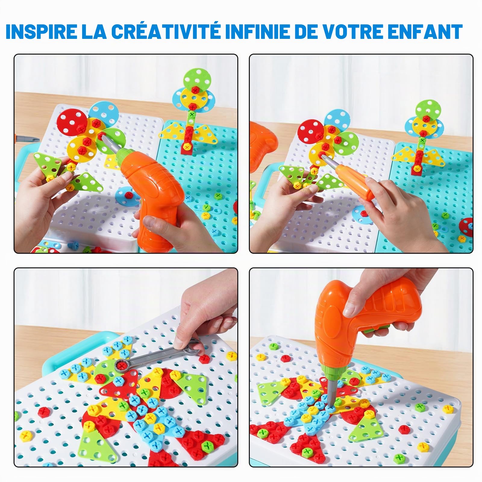 Ark miido Mallette à outils pour enfants avec perceuse, jeu d'emboîtement Montessori - Jouet éducatif créatif 3D - Puzzle mosaïque - Jeux à partir de 3, 4, 5, 6 ans - Pour garçons et filles