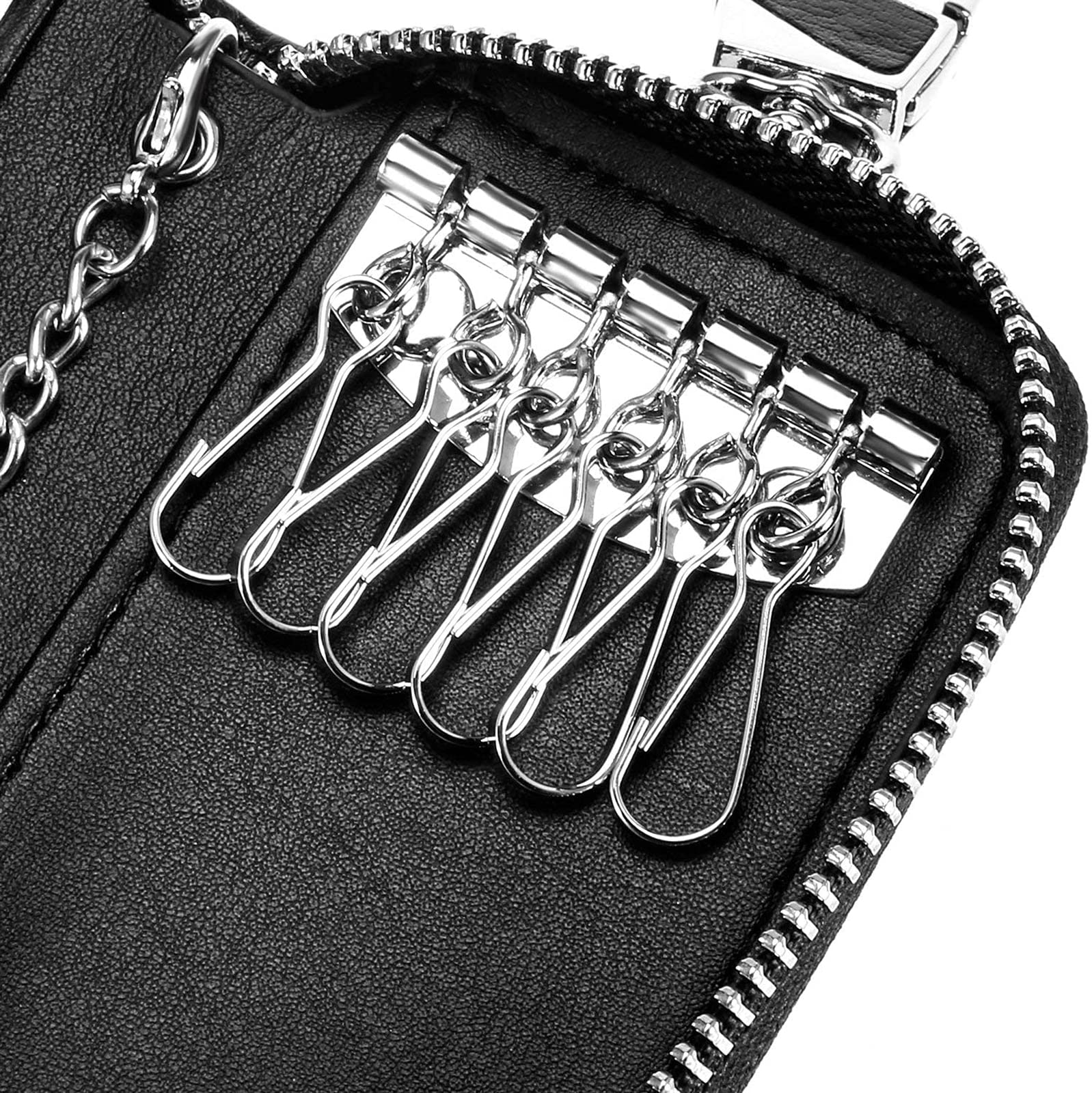 Etuis Porte Clés Cuir, Pochette Porte Clef Cuir Porte-Clé Voiture Porte-monnaie Sac à poche Sécurité Multifonctionnel Fermeture Éclair Classique Casual, avec 12 crochet Clip