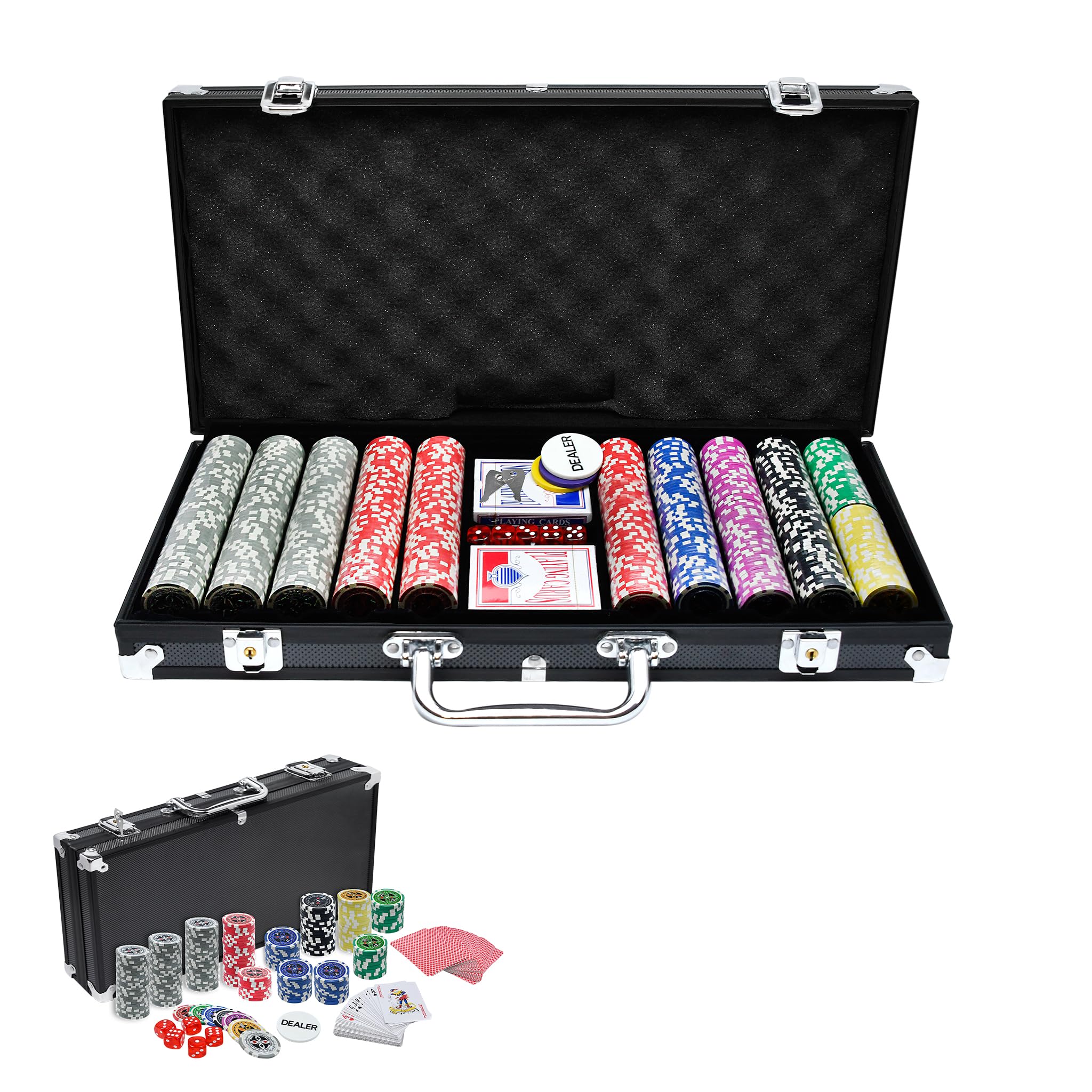 Mallette de poker avec 500 jetons laser, dont 2 decks de poker, 1 bouton dealer, 5 dés, 2 clés et boîtier en aluminium pour jeu de fête - Noir