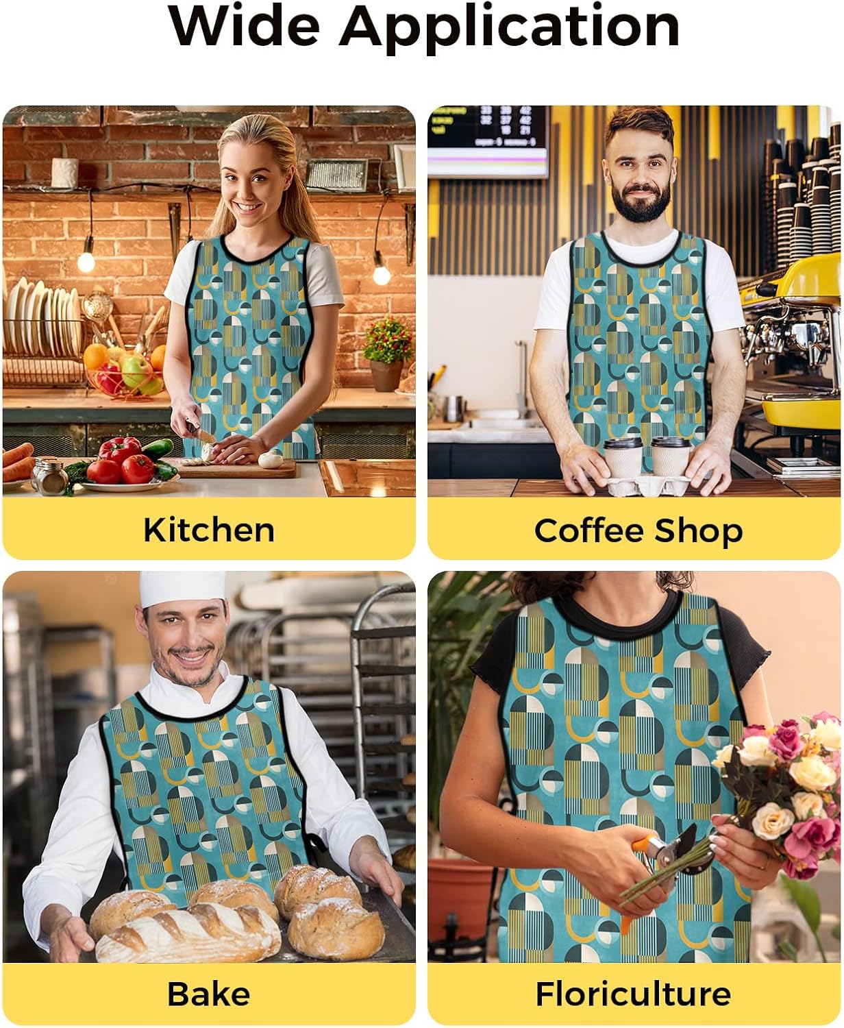 Modern Abstract Yellow Cobbler Aprons with 2 Pockets for Women Men, Geometric Grey White Painting Art