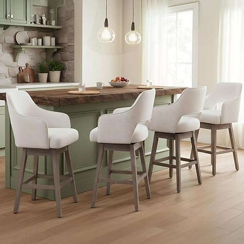 Miniatura 15 de Juego de 2 taburetes de bar giratorios de 360°, taburetes de bar de altura de mostrador de granja con respaldo y patas de madera, taburete tapizado