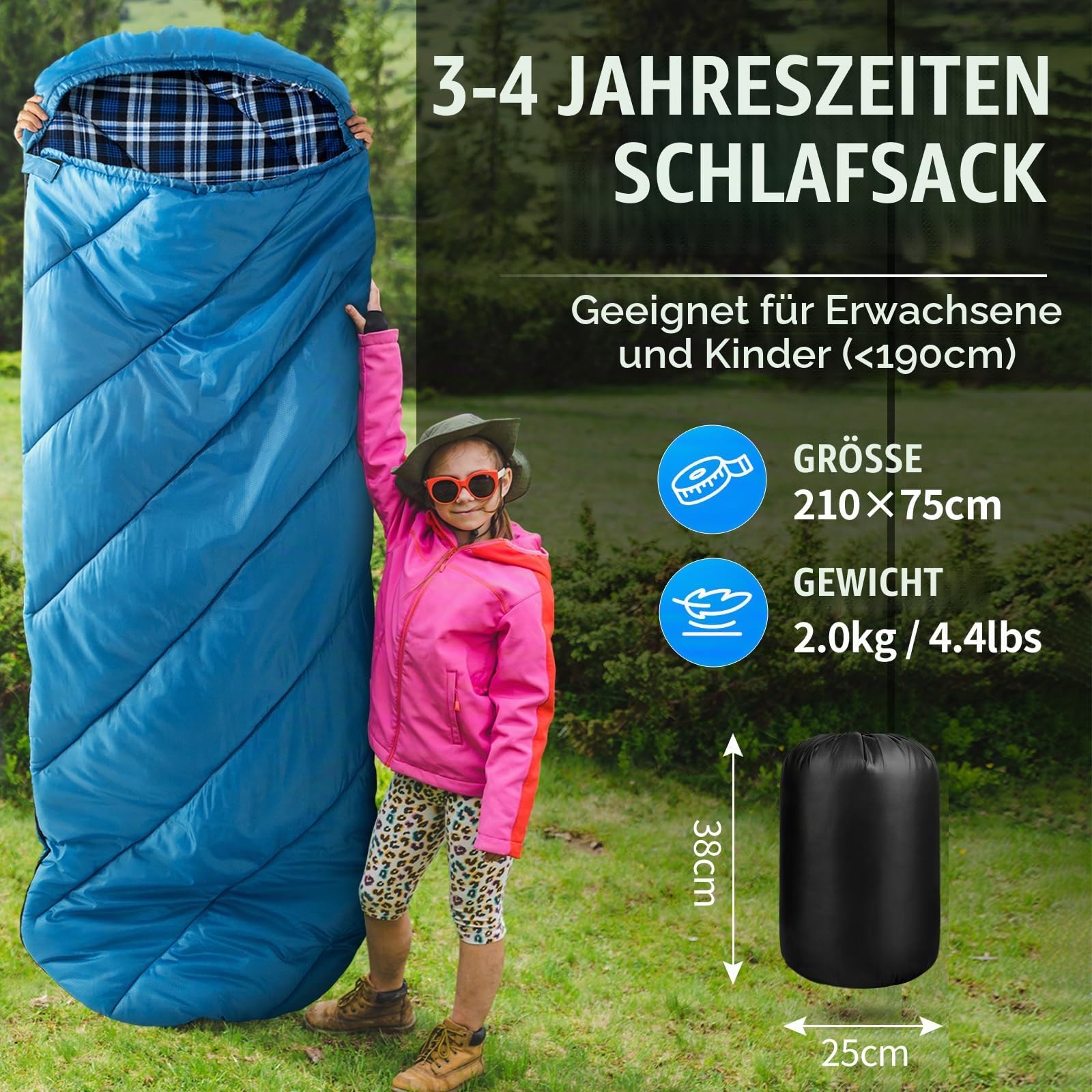 Bessport Schlafsack 3-4 Jahreszeiten - Flanell Schlafsack Winter, Warmer Outdoor Deckenschlafsack Kleines Packmaß Ultraleicht wasserdicht für Camping, Reisen, Wandern, für Erwachsene