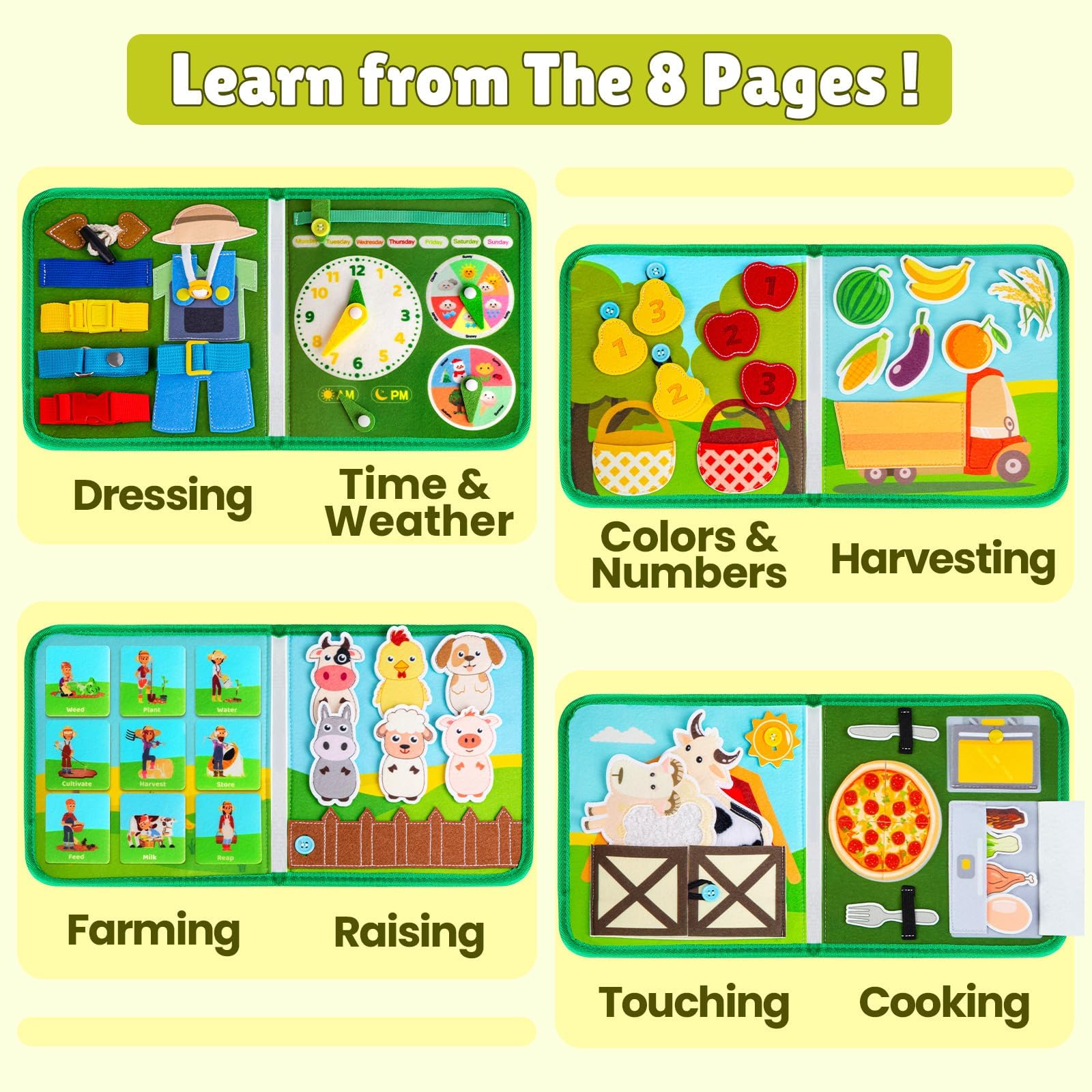 Quanquer Busy Book per Bambini Piccoli Farm Busy Board Giocattolo Montessori per Bambini di 1 2 3 4Anni Attività di Apprendimento Prescolare Giocattoli da Viaggio per Bambini Piccoli（Versione Inglese）