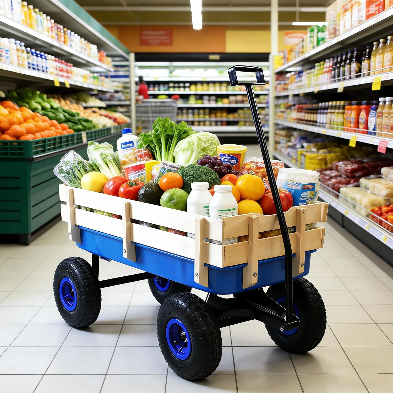 Heavy Duty Steel Frame Beach Wagon with 10" All-Terrain Air Tires & Wooden Side Panels | 176LB Capacity Foldable Utility Wagon for Gardening, Beach, and Outdoor Hauling(Blue)