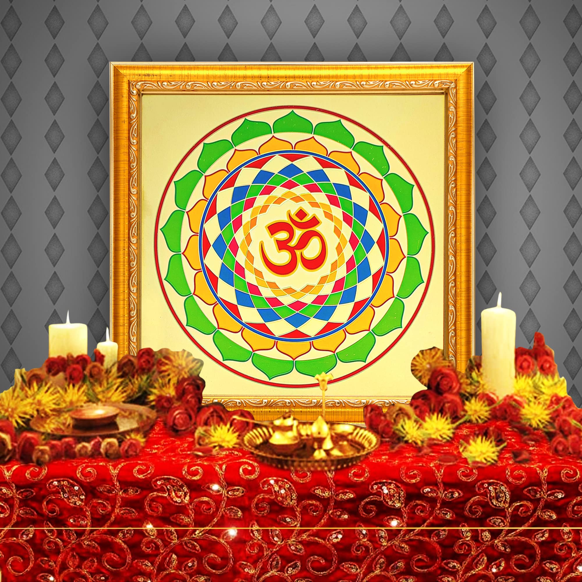 Hawai 24k Gold Plated Om Symbol Yantra, Size- 27x27cm | Engineered Wood Wall Hanging Home Decor Religious Photo Frame | Home Office Prayer Room | SFDI00198_GLD_FRM