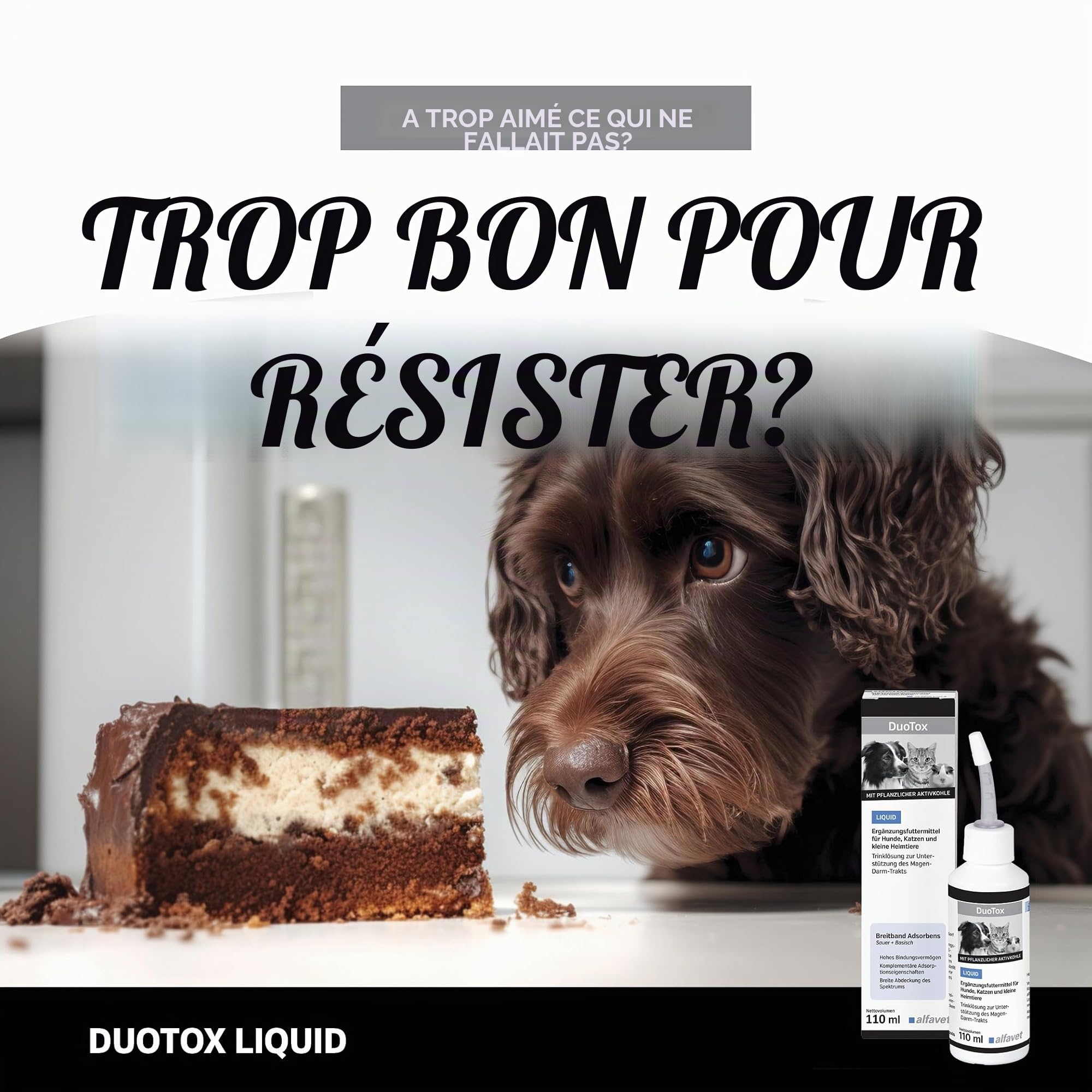 alfavet DuoTox Liquid Complément alimentaire aigu au charbon végétal et à la bentonite, pour soutenir le tractus gastro-intestinal chez les chiens, chats, petits animaux de compagnie, avec embout