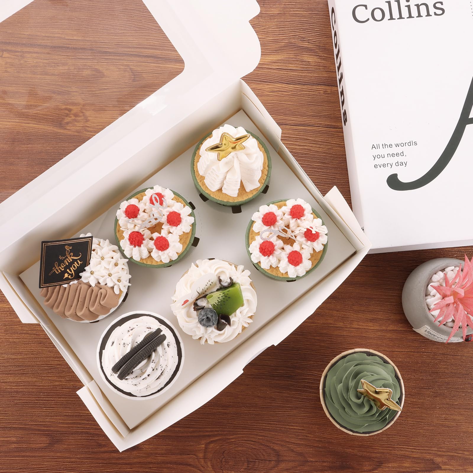 50 Scatole Per Cupcake SHUESS A 6 Fori – Bianche Con Finestra, 24x16x7,5 Cm, Con Inserti