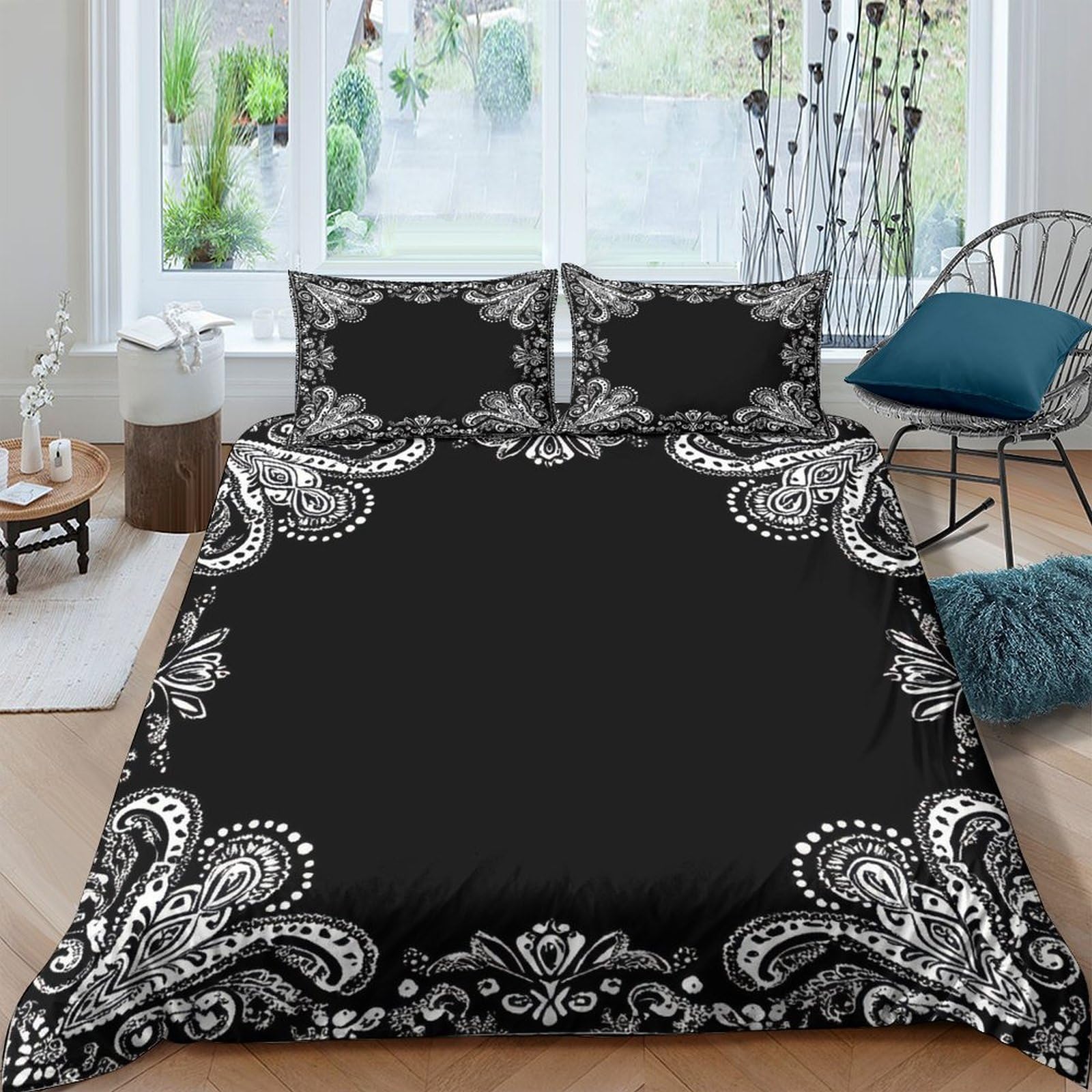 Ctjqhvkz Style-1 3D Printed Paisley Black Fitted Sheet Microfiber Soft Bedroom Decor White Baroque Mattress Cover For Home Dorm Room Single（135X200cm）