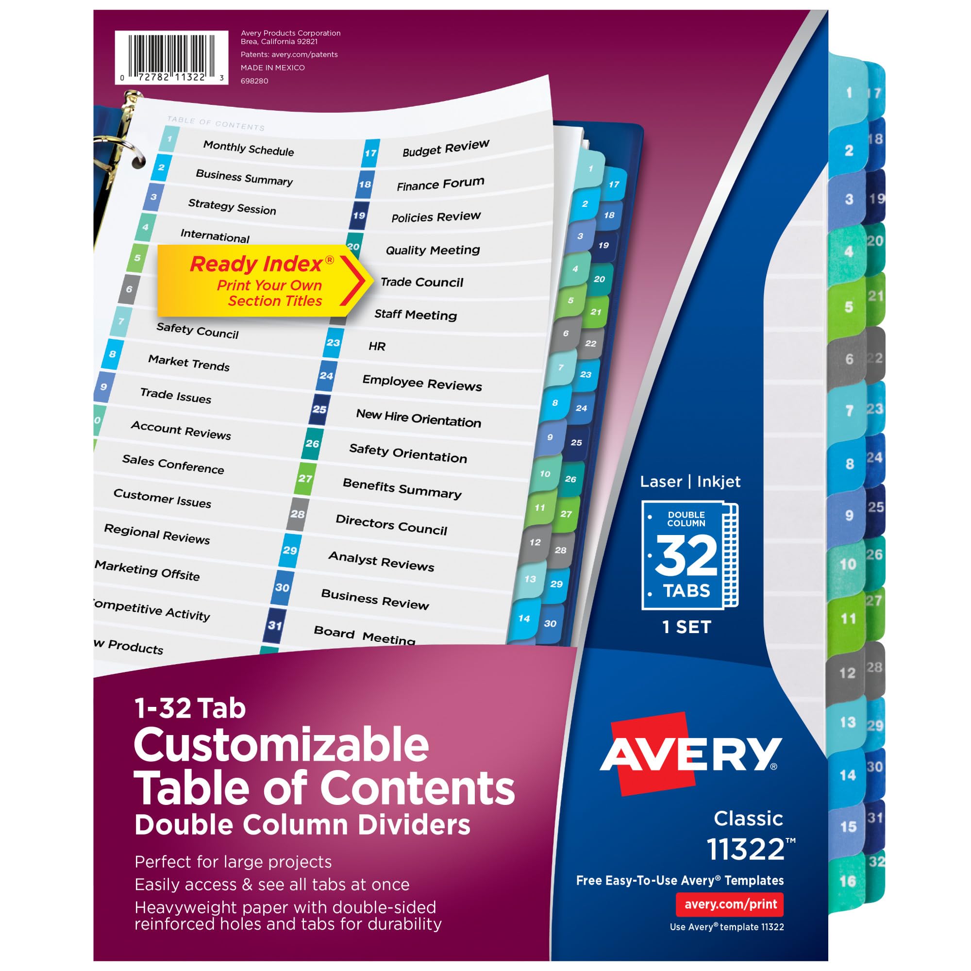 Avery Double Column Dividers for 3 Ring Binders, 32 Tabs per Set, Customizable Table of Contents, Multicolor Tabs, Great for Organizing Reports, Projects, and More (11322)