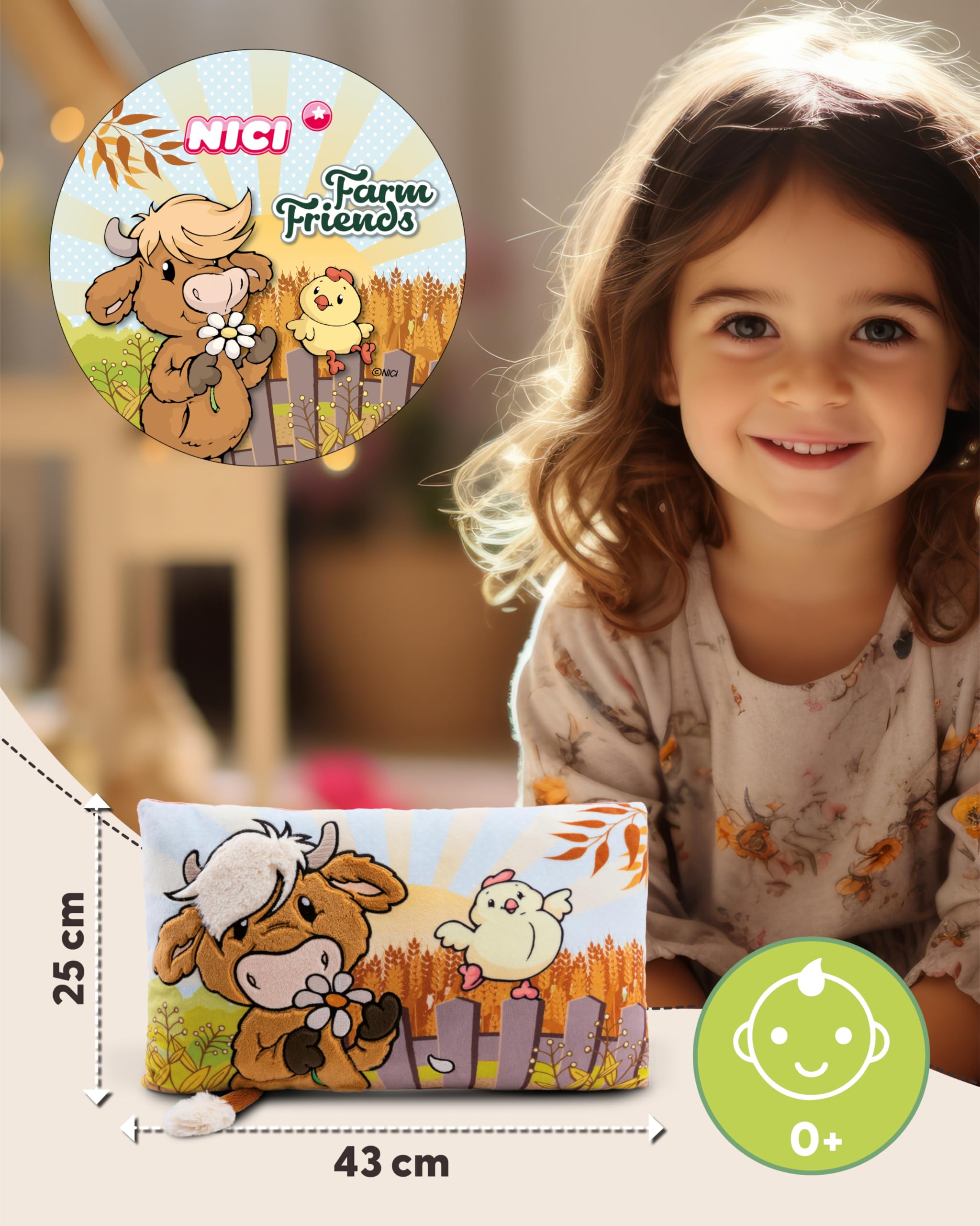 NICI Kinder Kissen Hochlandrind McMooray & Küken Eggwina 43x25cm weiß - Flauschiges NICI Kuschelkissen für Kinder, Babys & Kuscheltierliebhaber: ideal für Zuhause, Kindergarten oder unterwegs - 61120