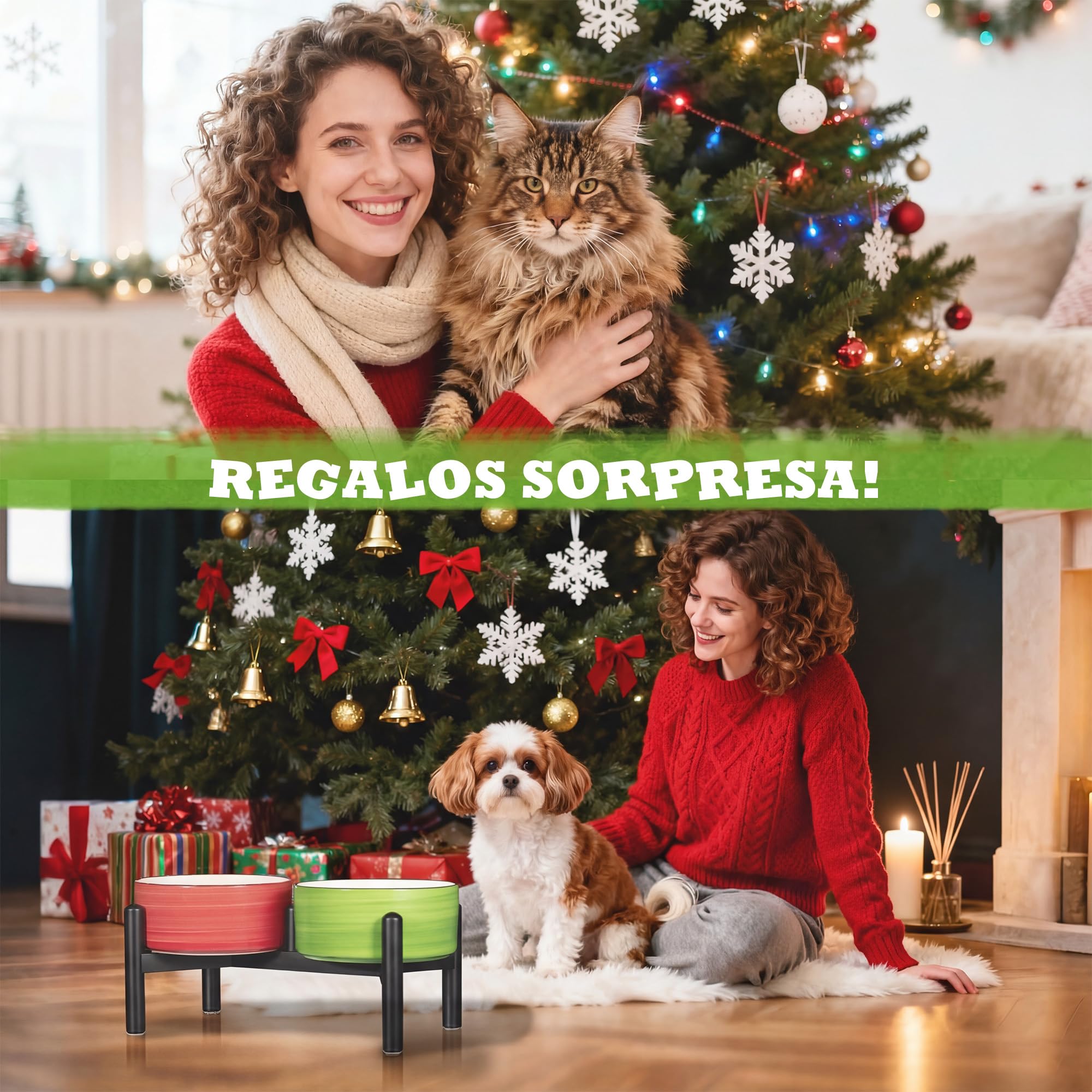 Comedero Perro Elevado Ceramica Doble - Soporte Acero Inoxidable con Cuencos de Cerámica Acanalado - Comedero con Bebedero para Perros Pequeños y Medianos - 350g / 660ml - Set di Natale
