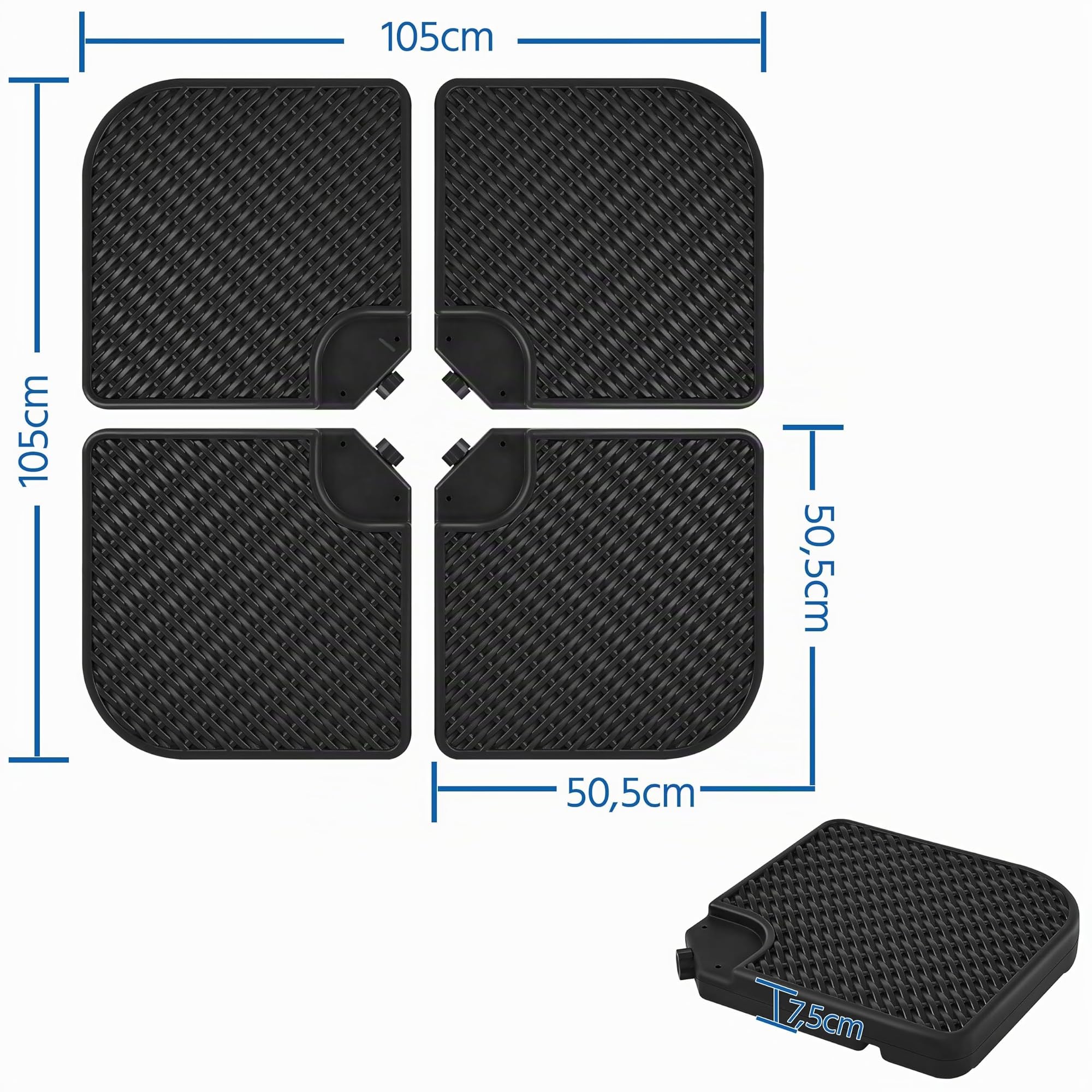 Abician Pied de Parasol Lot de 4 Dalles de Parasol Carrées Lestage Base de Parasol de Jardin avec Poignée Patio Jardin Terrasse Piscine Restaurant 105 cm × 105 cm × 7,5 cm Noir