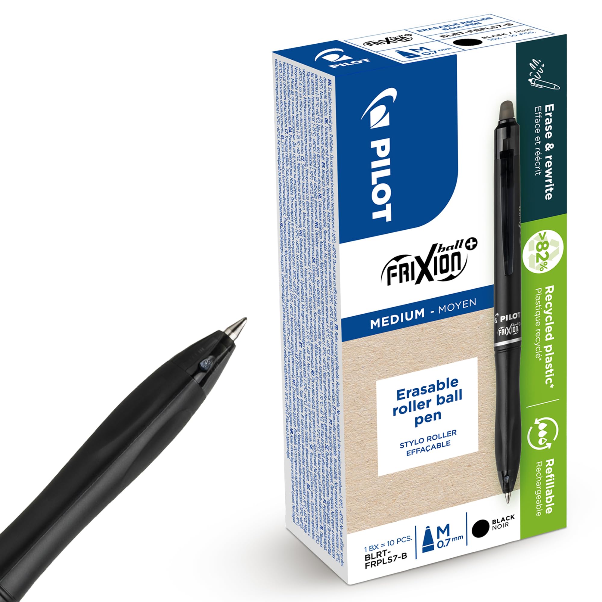 Pilot Frixion Ball Plus Erasable Rollerball Pens 0.7mm Medium Tip Pack of 10 Thermosensitive Ink Clean Erasing Smooth Writing Durable Plastic Body for Office School Fabric Marking & Creative Projects