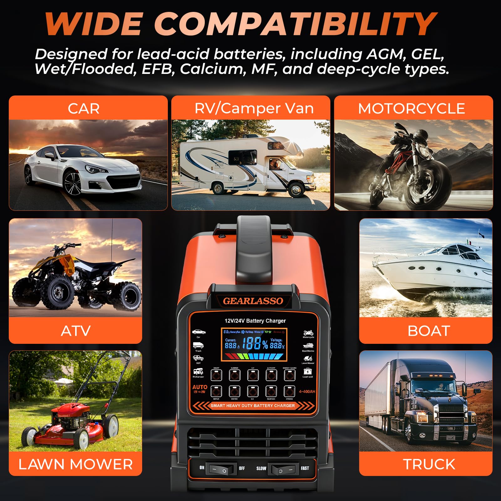 Chargeur de batterie de voiture 12 V 24 V très résistant, mainteneur de batterie automatique 0-15 A avec 10 modes, y compris les arrêts automatiques, la réparation, l'hiver, chargeur