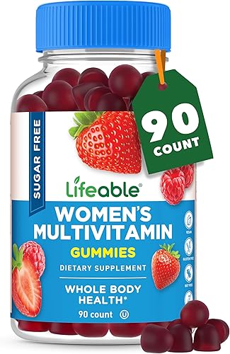 Lifeable Gomitas multivitamínicas sin azúcar para mujer | con vitamina A, C, D, E, niacina, B6, folato, B12, biotina, ácido pantoténico, yodo y zinc