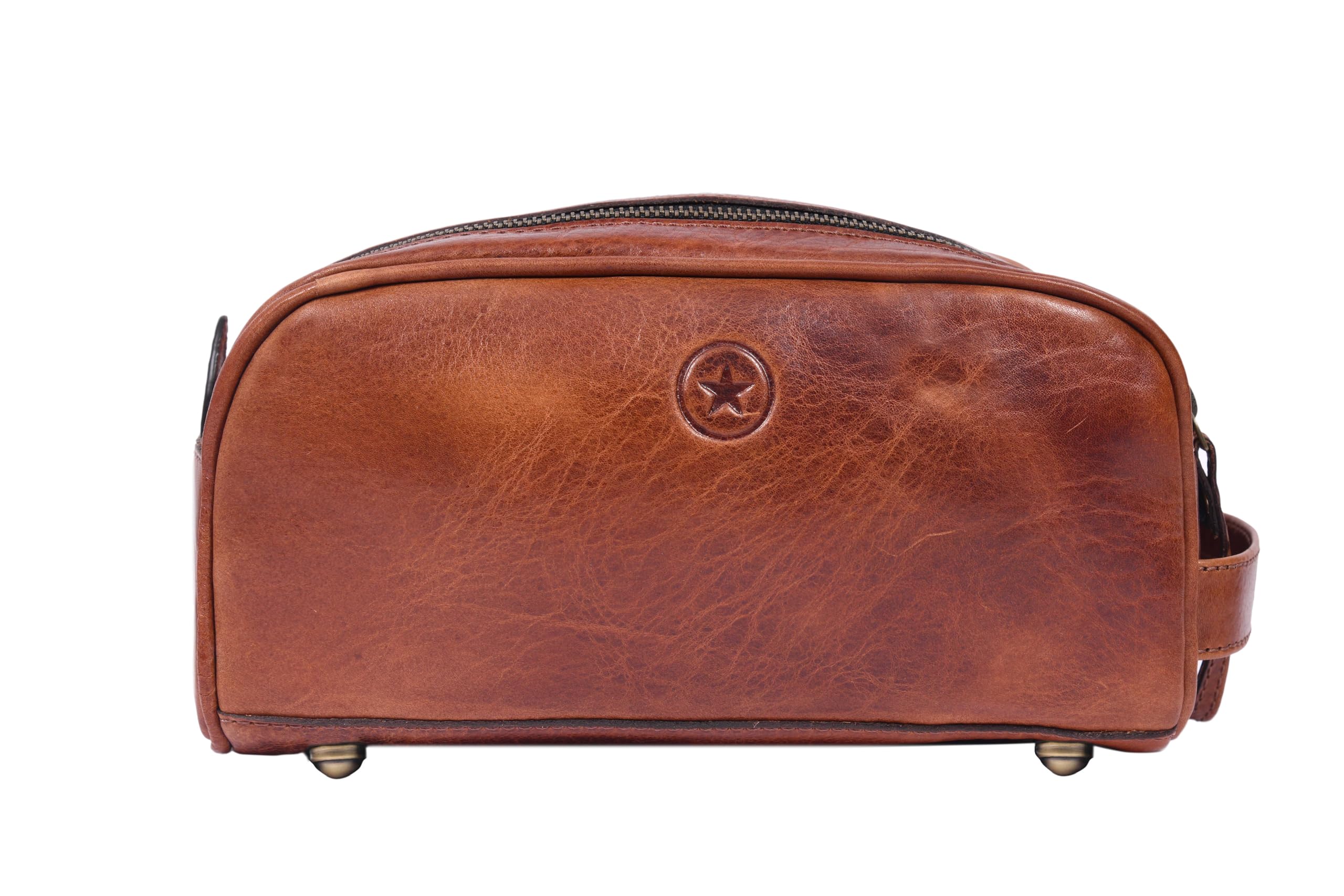 Aaron Leather Goods - Beauty case in pelle da uomo, kit da viaggio per toelettatura, con fodera impermeabile