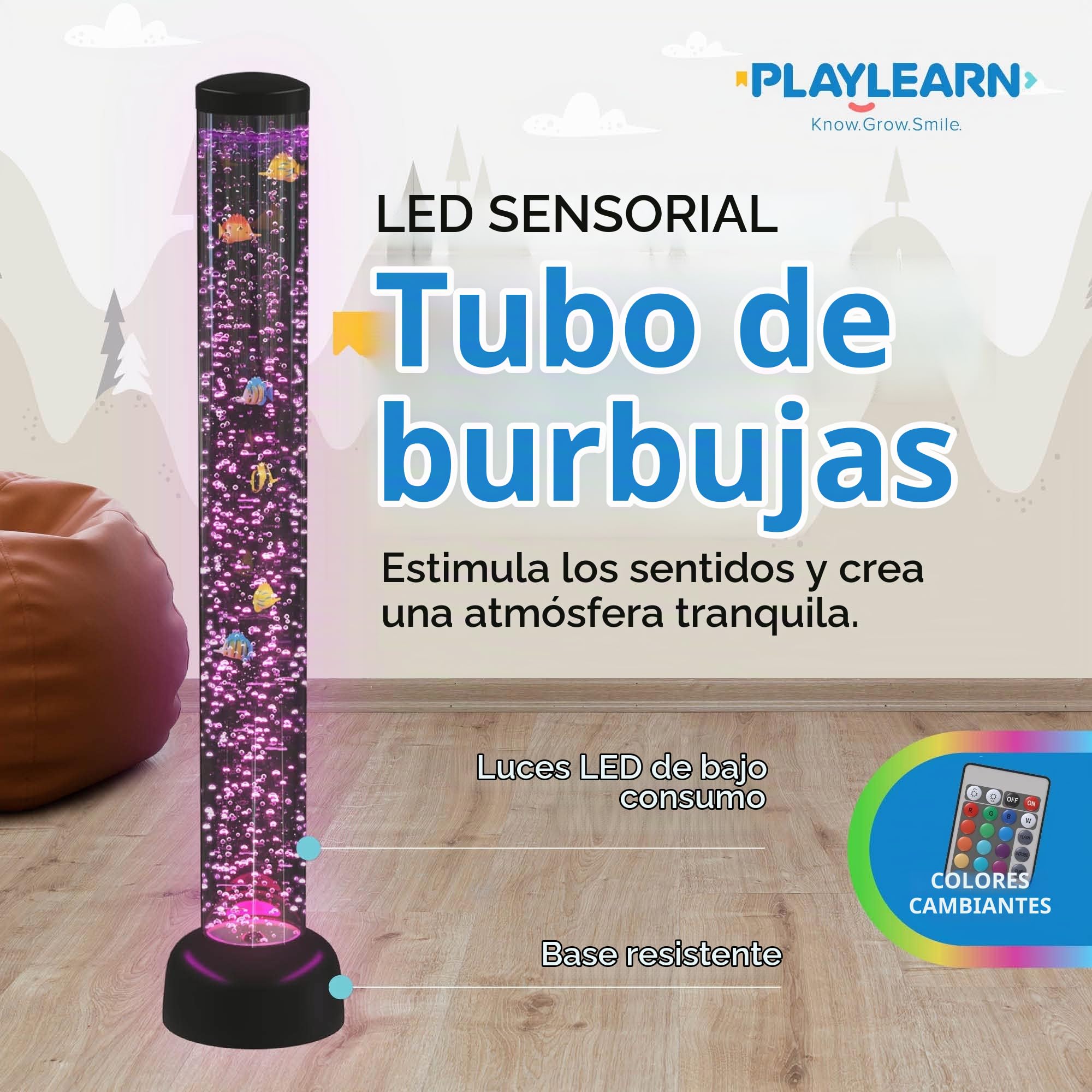 Playlearn - Lámpara LED (105 cm), diseño de tubo con peces, color negro