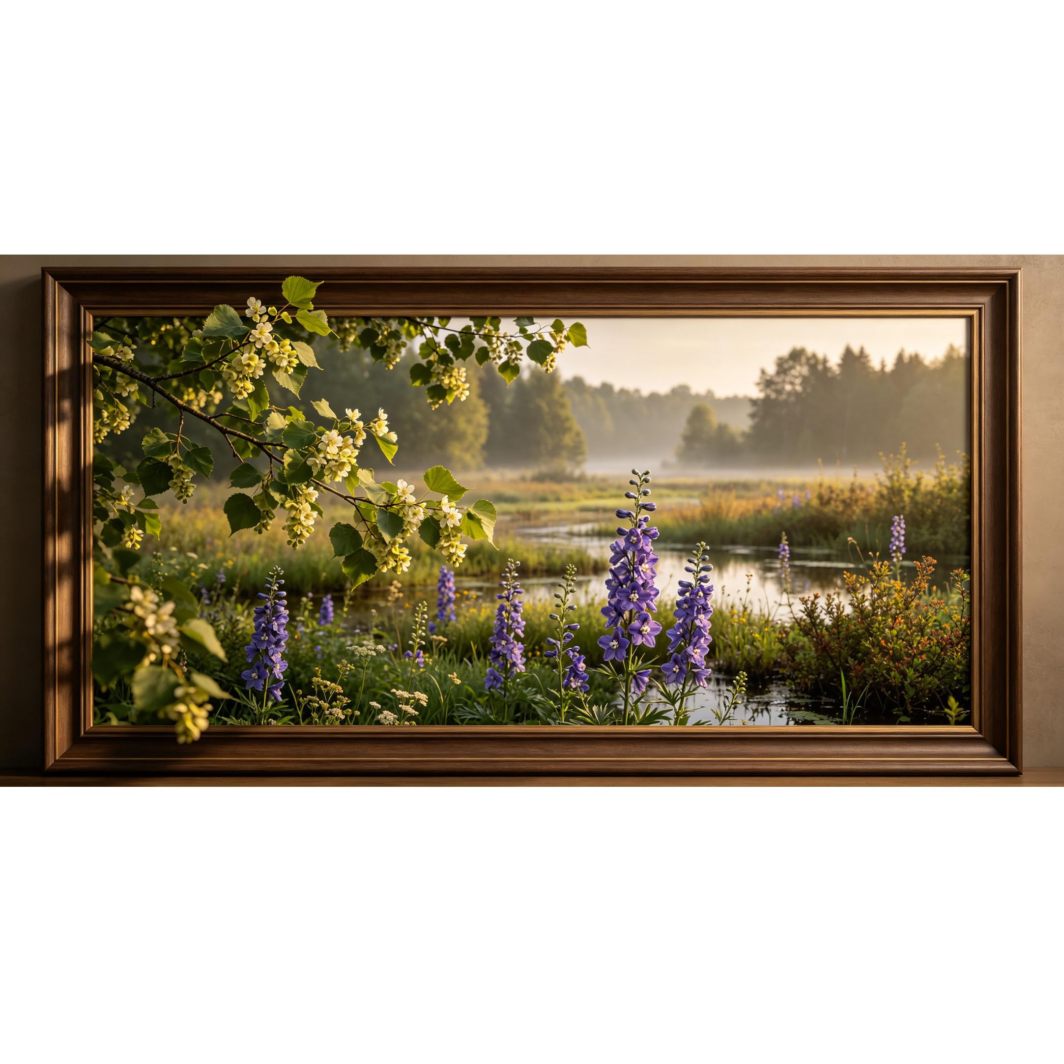 Agglomerix 3D Framed Wall Art Delphinium Wildflower Lake Landscape Botanical Large Size SelfAdhesive Removable Wall Decor Prints Artwork for Living Room Bedroom Office