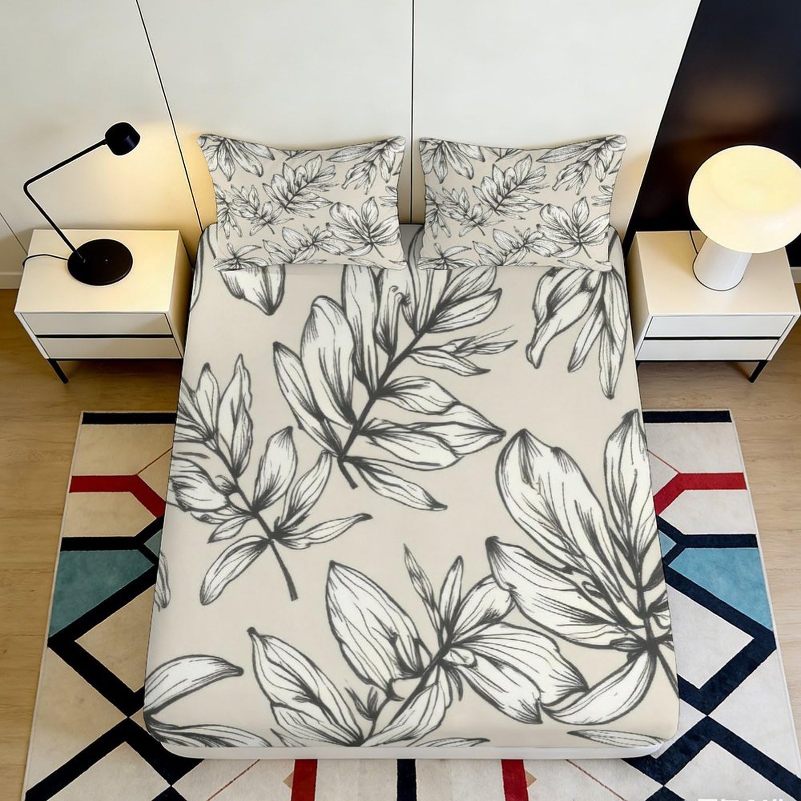 Zfldkwgb Style-1 3D Printed Botanical Leaf Fitted Sheet Microfiber Soft Breathable Monochrome Flower Mattress Cover Bedroom Decor 90X200x25cm