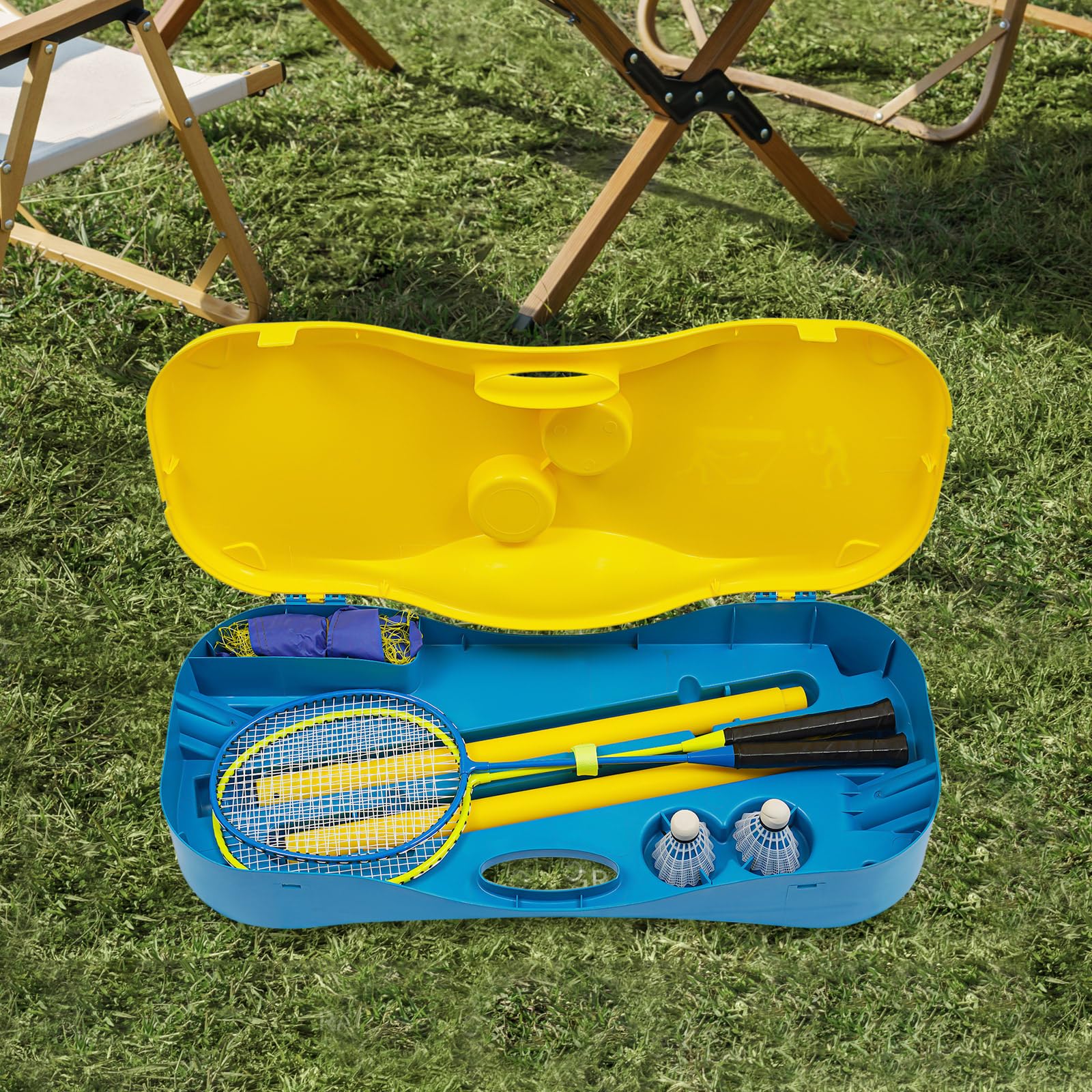 Kit de badminton portable avec filet de 3 m, filet de badminton autonome avec support, 2 raquettes et 2 balles, hauteur réglable 155 cm, mobile pour jardin, plage, extérieur et intérieur