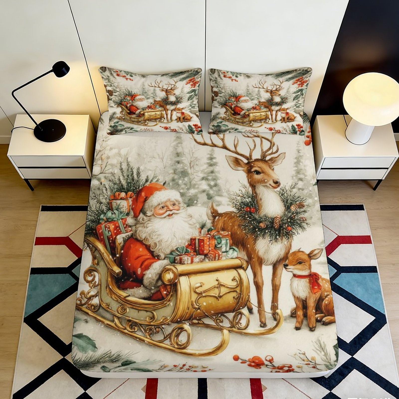 Jqzkxnhpbr Style-3 3D Printed Christmas Santa Sleigh Fitted Sheet Microfiber Soft Breathable Reindeer Bed Cover For Bedroom Guest Room Decor 90X200x25cm