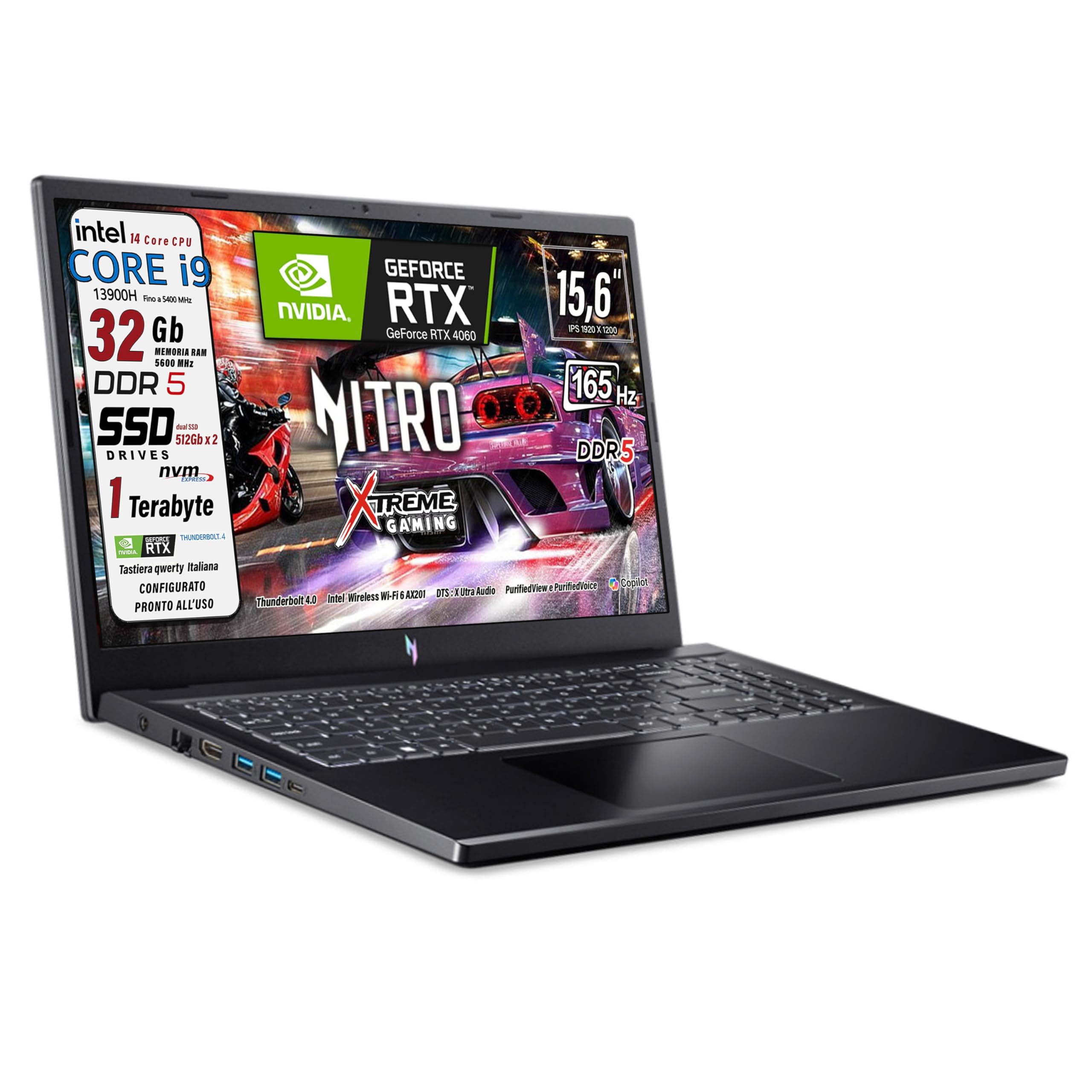 acer Notebook Gaming Nitro, Intel Core i9-13900H, RAM 32GB DDR5, SSD 1Tb(512GB X 2), 15.6" FHD IPS 165Hz, NVIDIA GeForce RTX 4060 8GB GDDR6,Wi-Fi 6, Thunderbolt 4.0, Win 11, ready to use