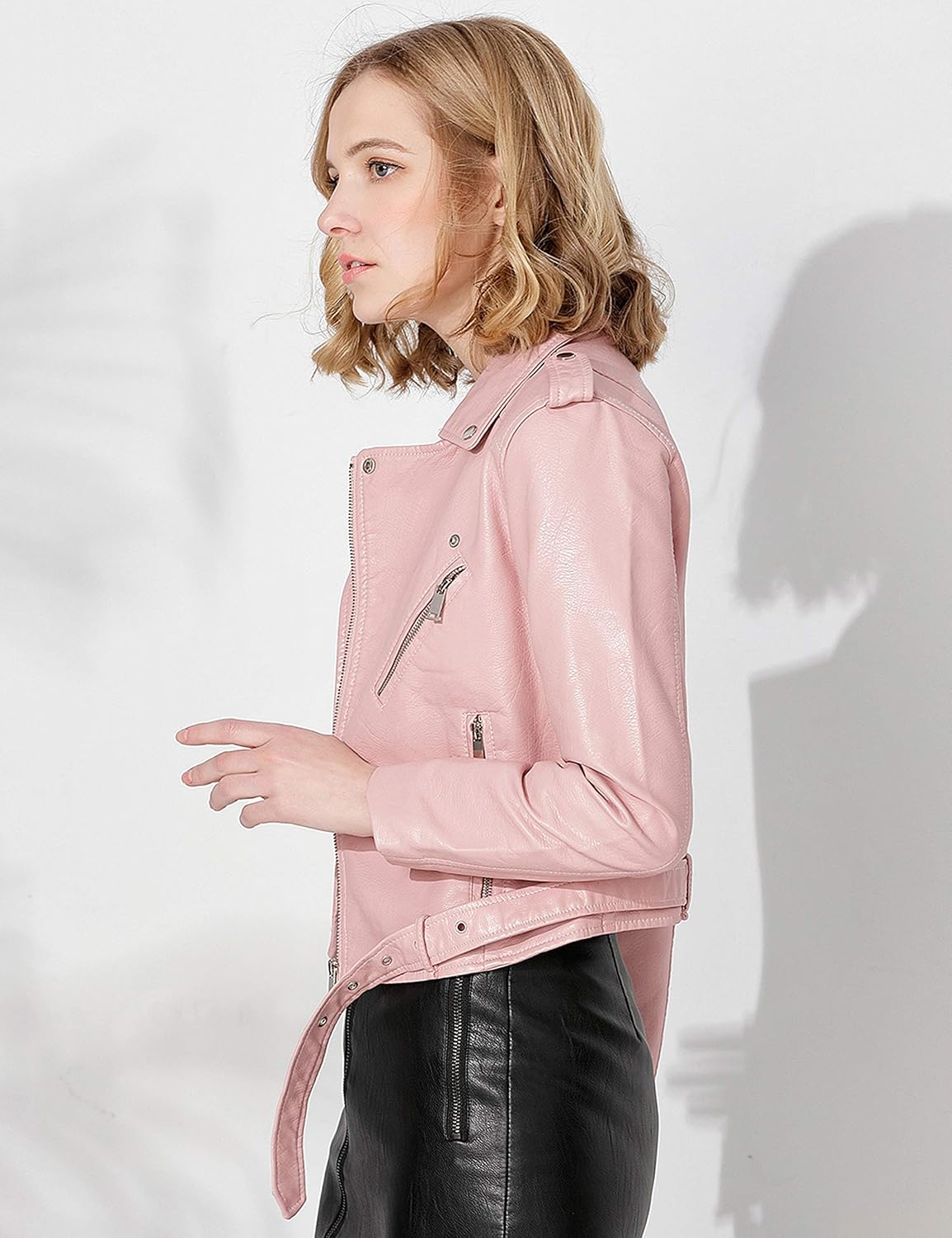 Women's Faux Leather Textured Short Moto Jacket Zip-up Slim PU Biker Coat with Pockets - Image 3
