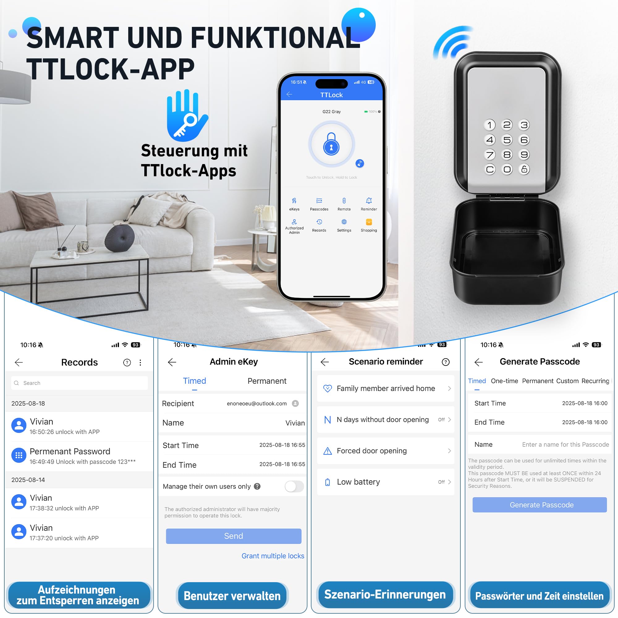 Schlüsseltresor mit Zahlencode Aussen wasserdichte Schlüsselbox Bluetooth Anti-Diebstahl Schlüsselsafe Wandmontage Schlüsselkasten mit Mehrere Passwörter & App-Funktionen