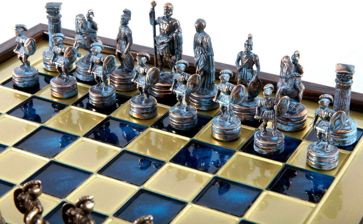 Manopoulos Greek-Roman Army Chess Set - Blue & Copper - Wooden Case - Blue Board - 2 Players - Age 8+