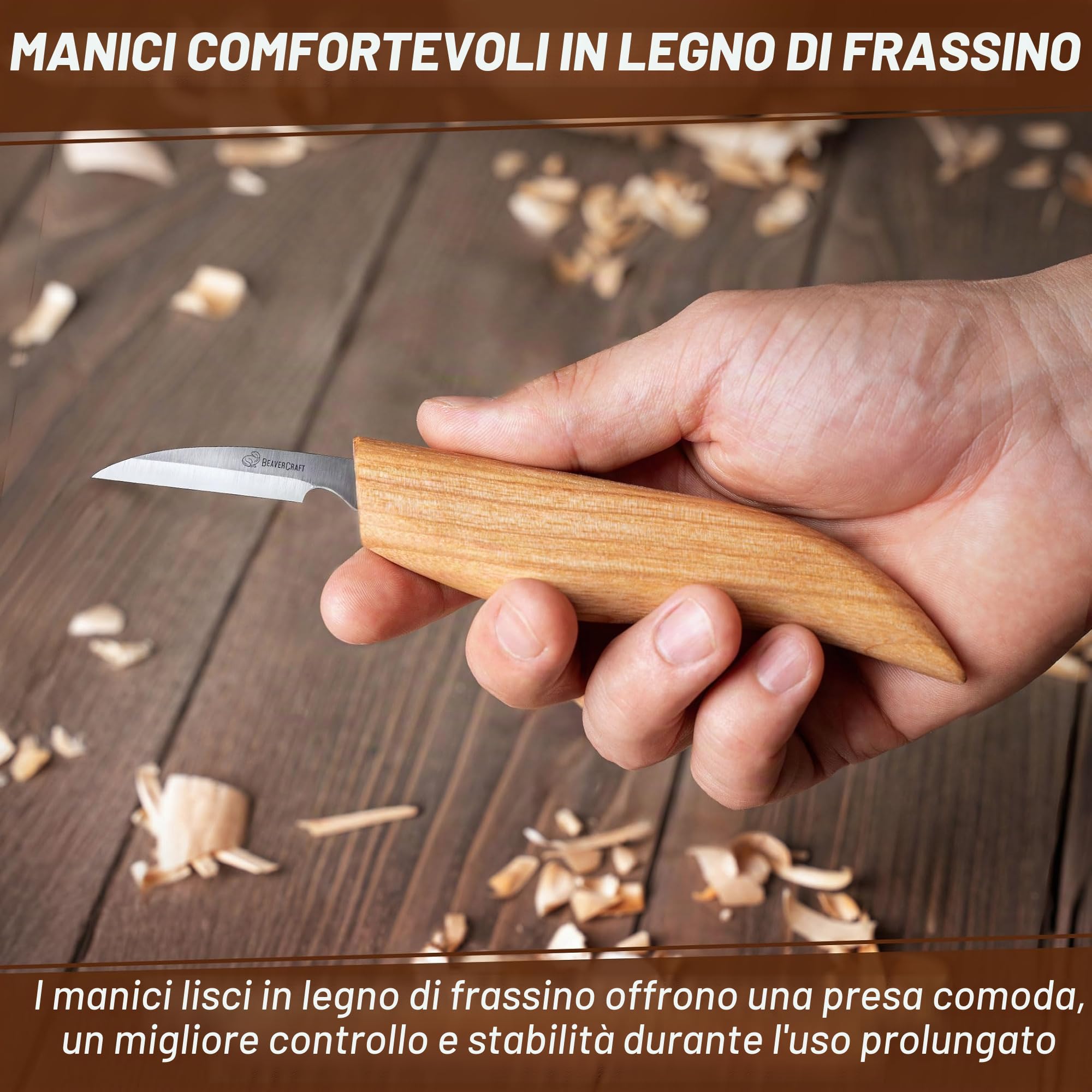 BeaverCraft S13 Kit per intaglio del legno con 3 coltelli - Set utensili per cucchiai, scultura e falegnameria, per principianti destrimani, con coltello a uncino