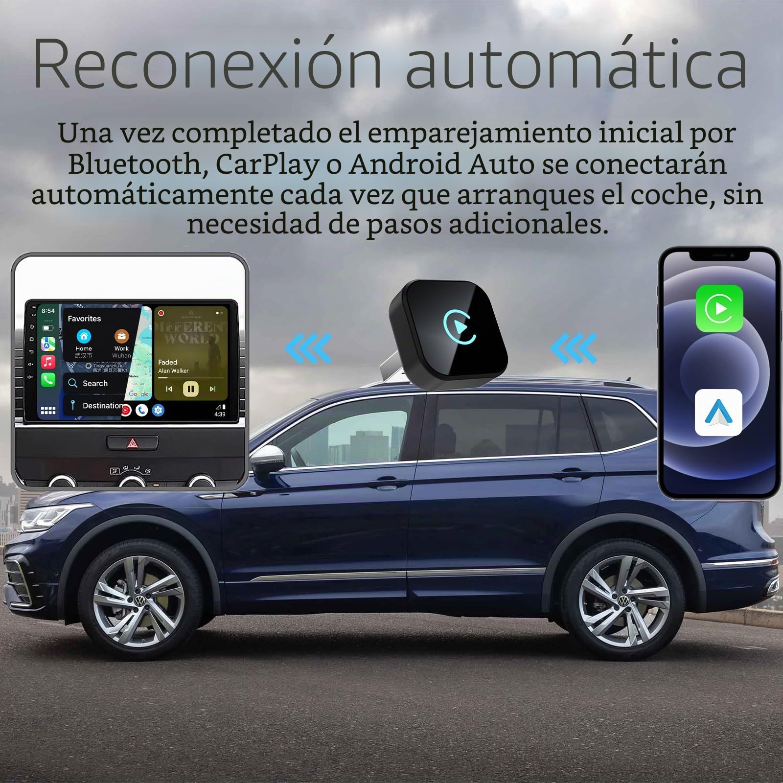 Sunweyer Mini Wireless CarPlay & Android Auto Adapter: actualización de Cable a inalámbrico, diseño Compacto de Menos de 1 Pulgada para Coches con Cable de fábrica (T Negra)