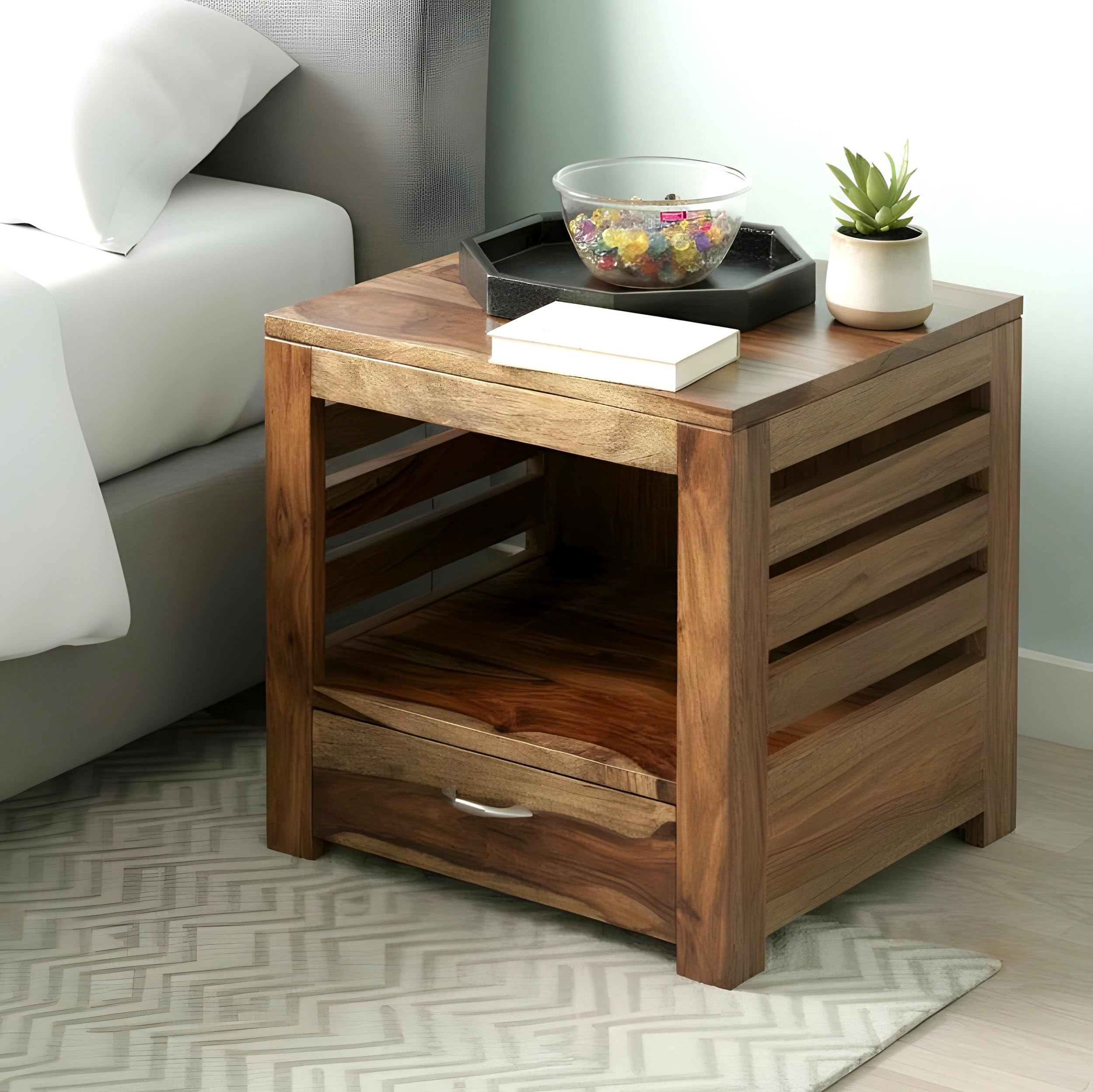Ikiriya Russell Sheesham Wood End Table | Corner Table | Tea Table | Bedside Table in Teak Finish (1 Yr. Warranty)-image-38