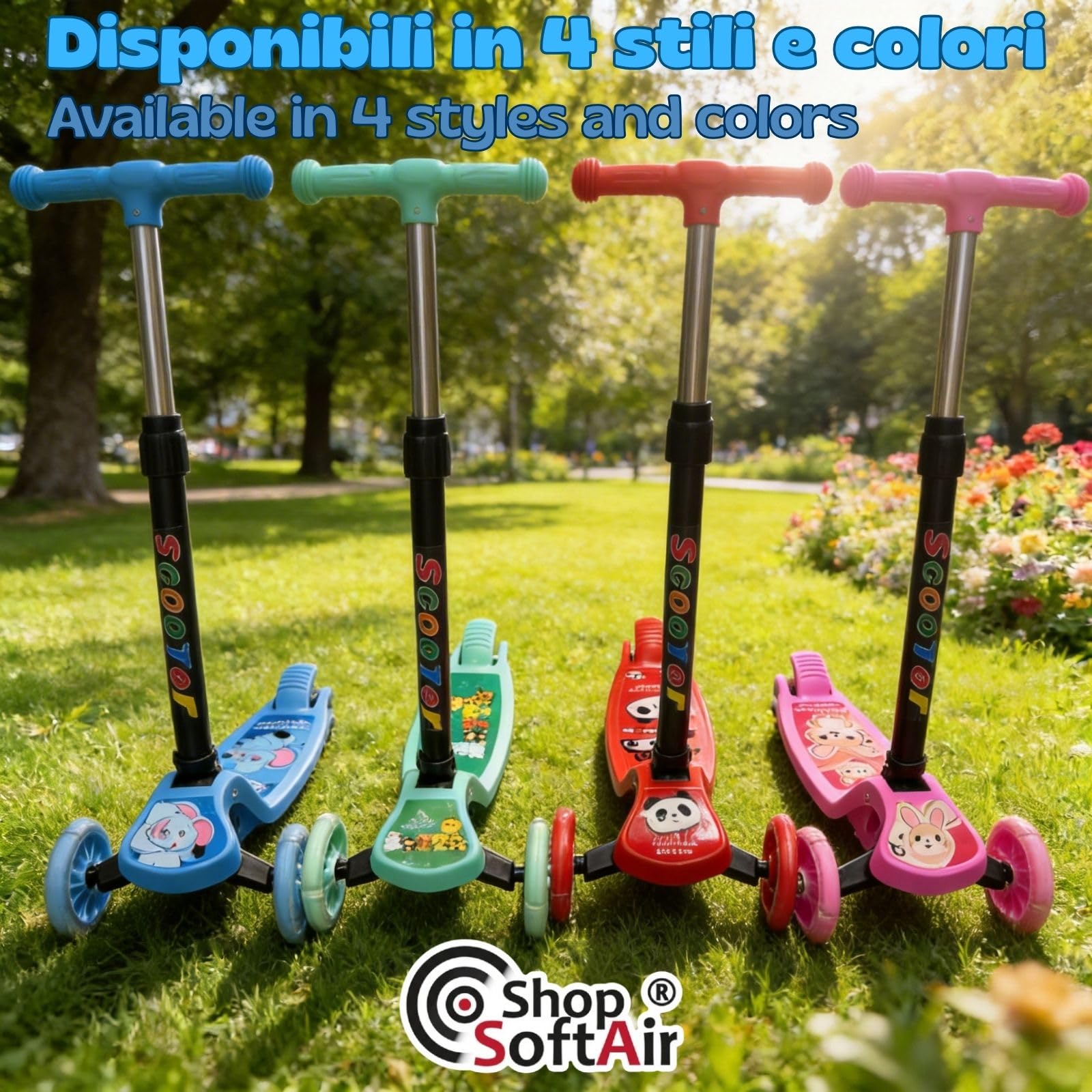 Monopattino 3 Ruote per Bambini 3+, Manubrio Regolabile in 4 Altezze, Ruote LED, 4 Colori, Max 20 kg