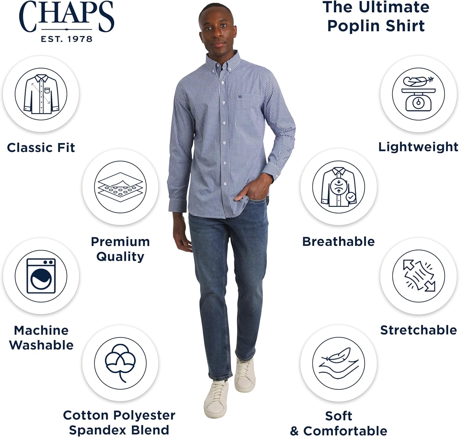 Chaps Mens Classic Fit Long Sleeve Button Down Stretch Poplin Casual Shirt - Image 4
