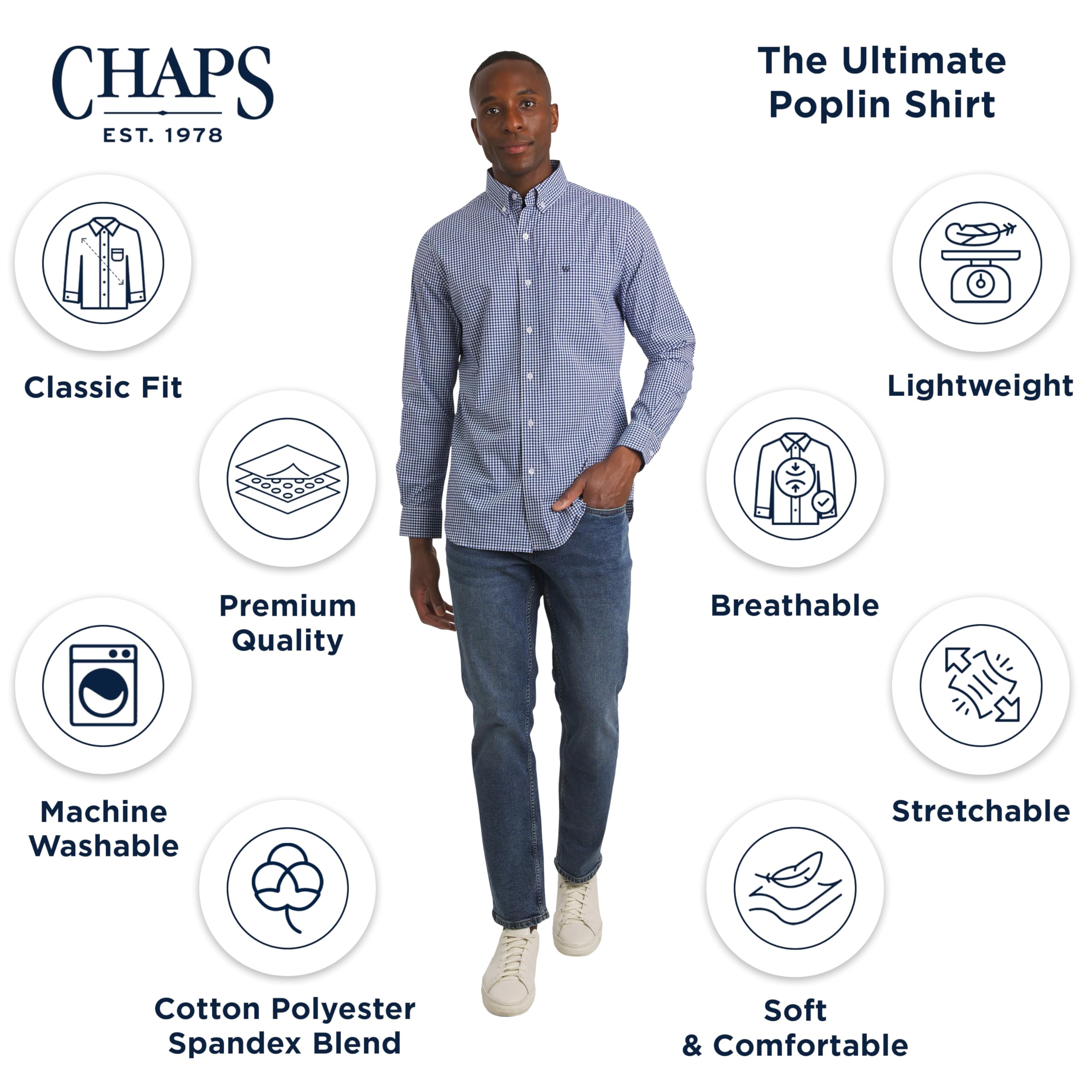 Chaps Herren Classic Fit Long Sleeve Button Down Stretch Poplin Casual Shirt Klassische Passform, langärmelig, Knopfleiste, Stretch-Popeline, Freizeithemd (1er Pack)