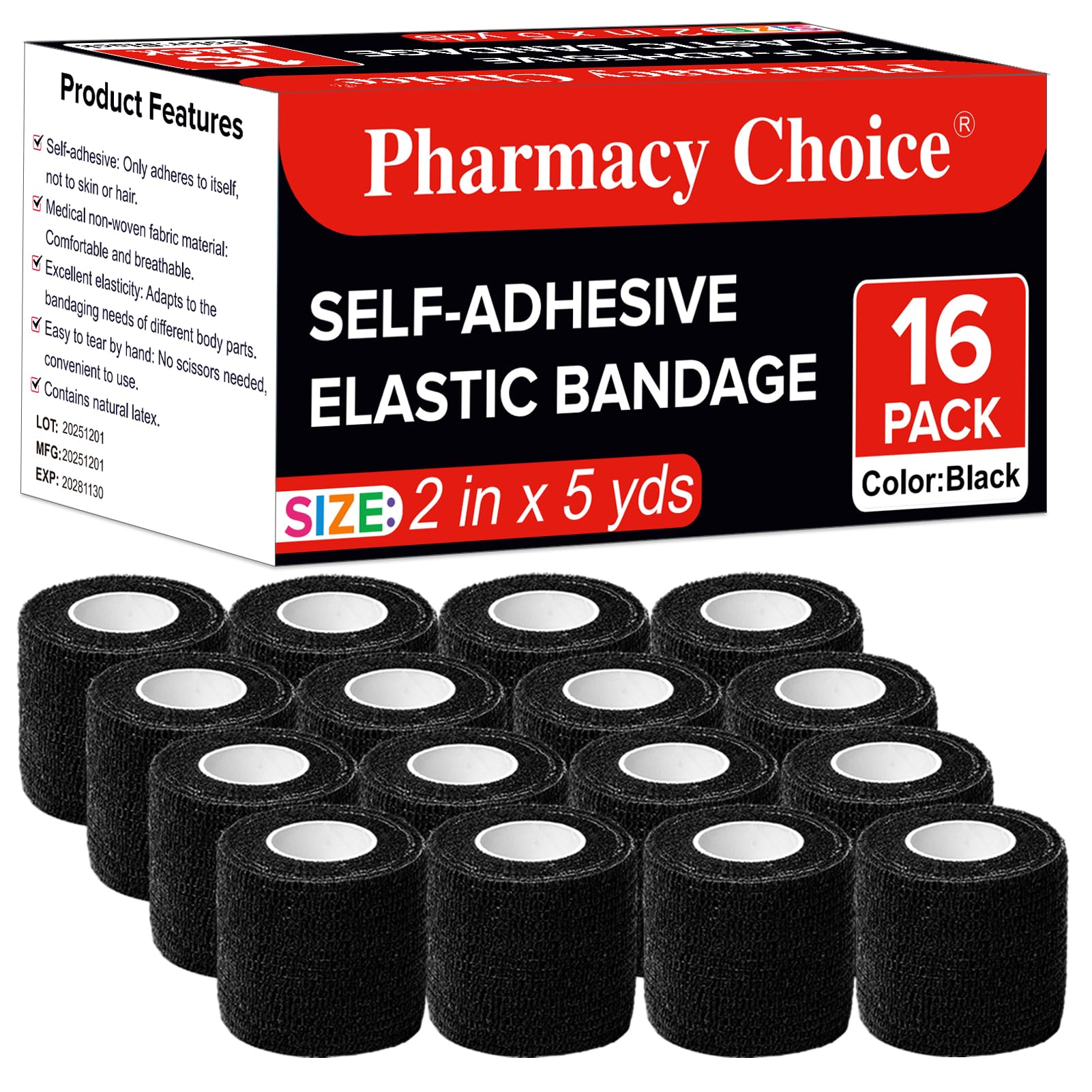 Self Adhesive Bandage Wrap, 2" X 5 Yards Elastic Cohesive Bandage Wrap, Color Athletic Tape, Vet Wrap, Ankle Tape,Non-Woven Cohesive Bandage 16Rolls，Black