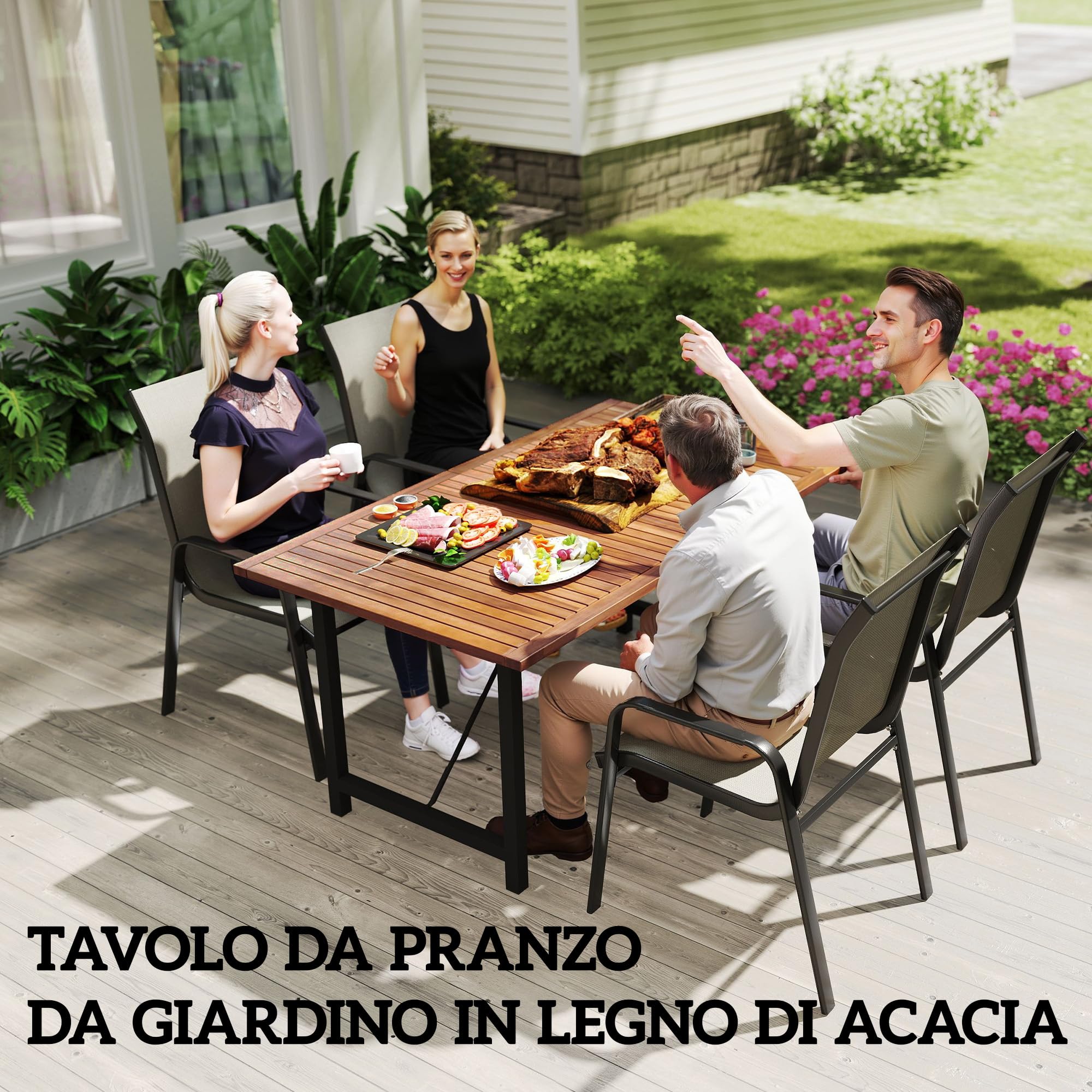 Outsunny Tavolo da Giardino Legno di Acacia e Acciaio, 160x90x75 cm Teak | Tavolo da Esterno Rettangolare, Piano a Doghe, Tavolino da Balcone, Patio, Terrazzo, Cortile, Esterno