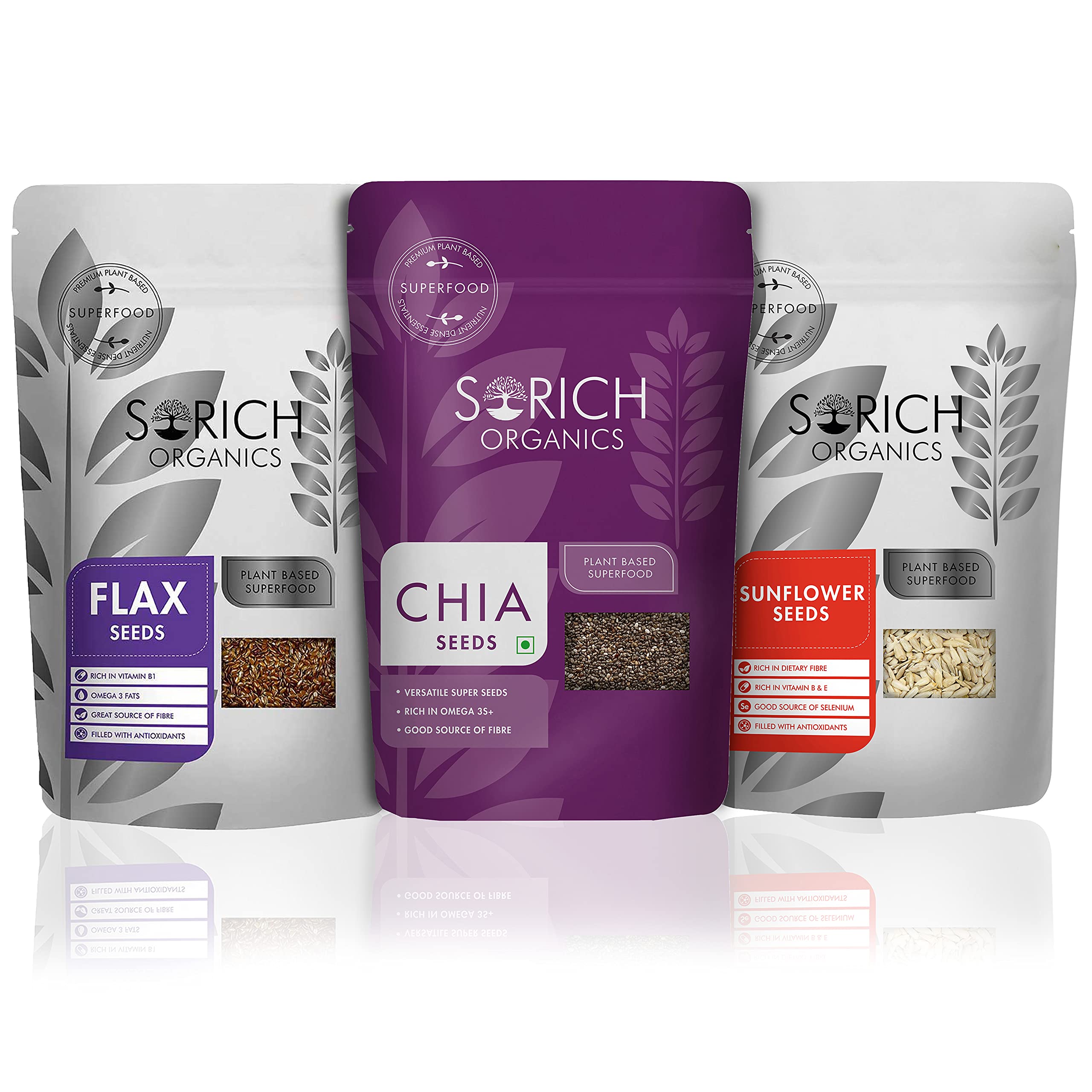 Sorich Organics Flax Seeds 200gm, Sunflower Seeds 200gm, Chia Seed 250gm (650gm Combo) | Seeds for Eating | Hair & Skin Health | High in Fiber, Protein & Omega-3 | Healthy Diet Snack(Pack Of 3)