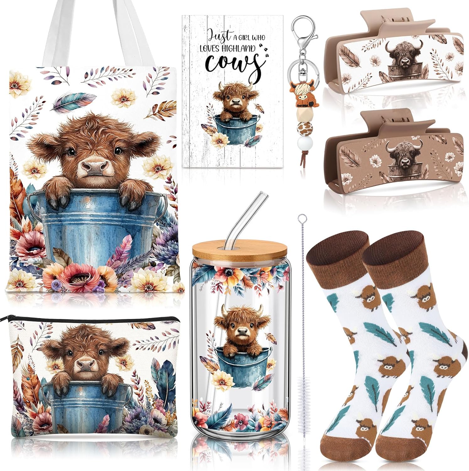 Skylety 8 Pcs Western Highland Cow Gifts for Women Include 16 oz Glass Cup with Lid and Straw, Canvas Tote Bag Hair Claw Clips Keychain Socks Card Girl Toiletry Bag for Christmas Highland Cow Lover