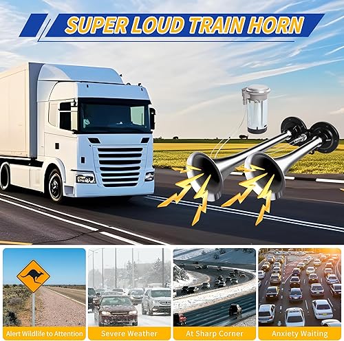 Miniatura 5 de Kit de bocina de aire de 12 V, bocina de tren súper fuerte para camión, bocina de aire doble con compresor para vehículos de 12 V, camiones