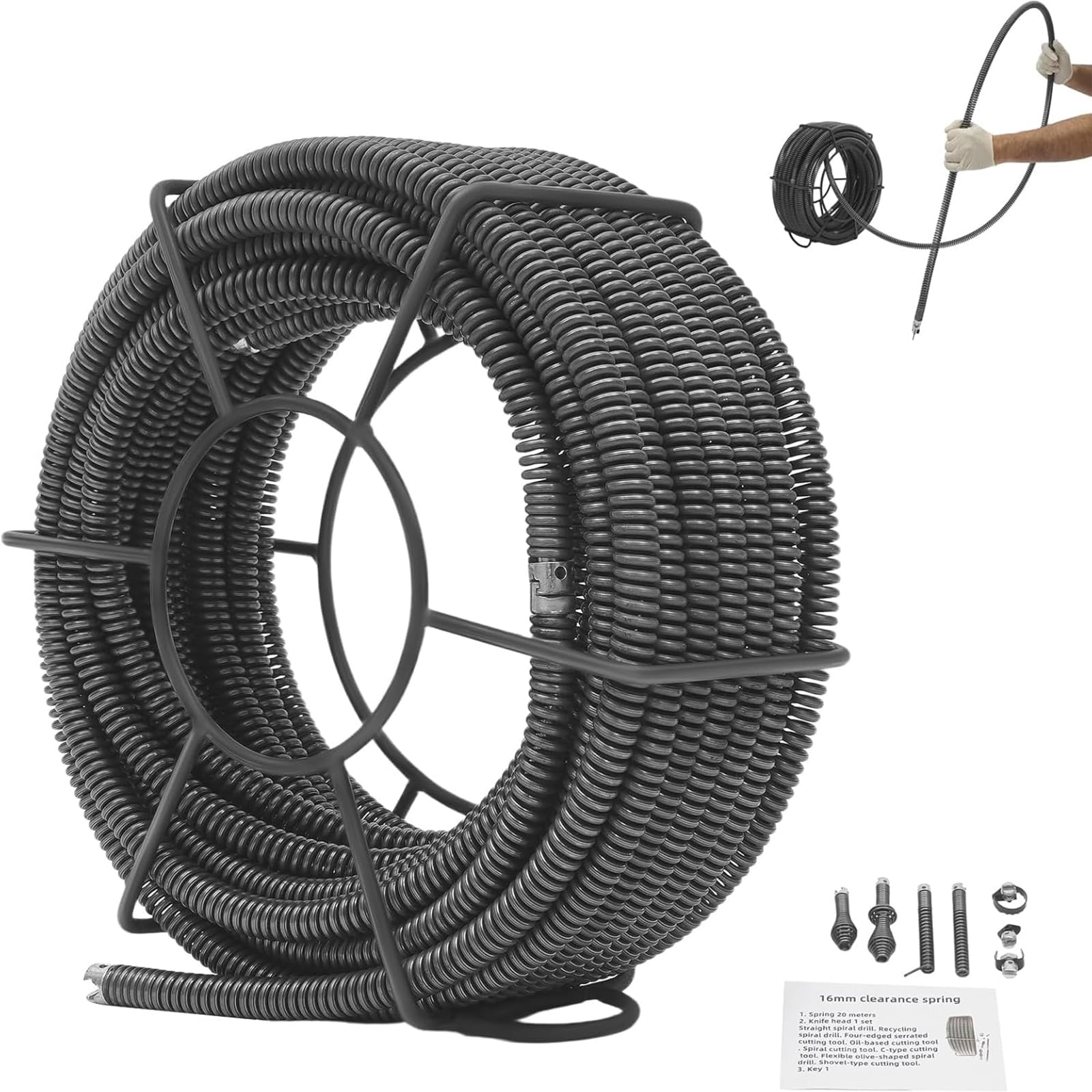 Espiral de limpieza de tuberías de 16 mm de diámetro, 20 m, espiral con estante de almacenamiento, desatascador de desagües en espiral para dispositivo de limpieza de tuberías