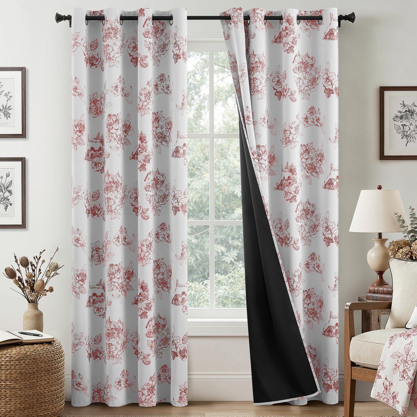 Yakamok Red Vintage Floral Blackout Curtains Farmhouse Grommet 84 Inches