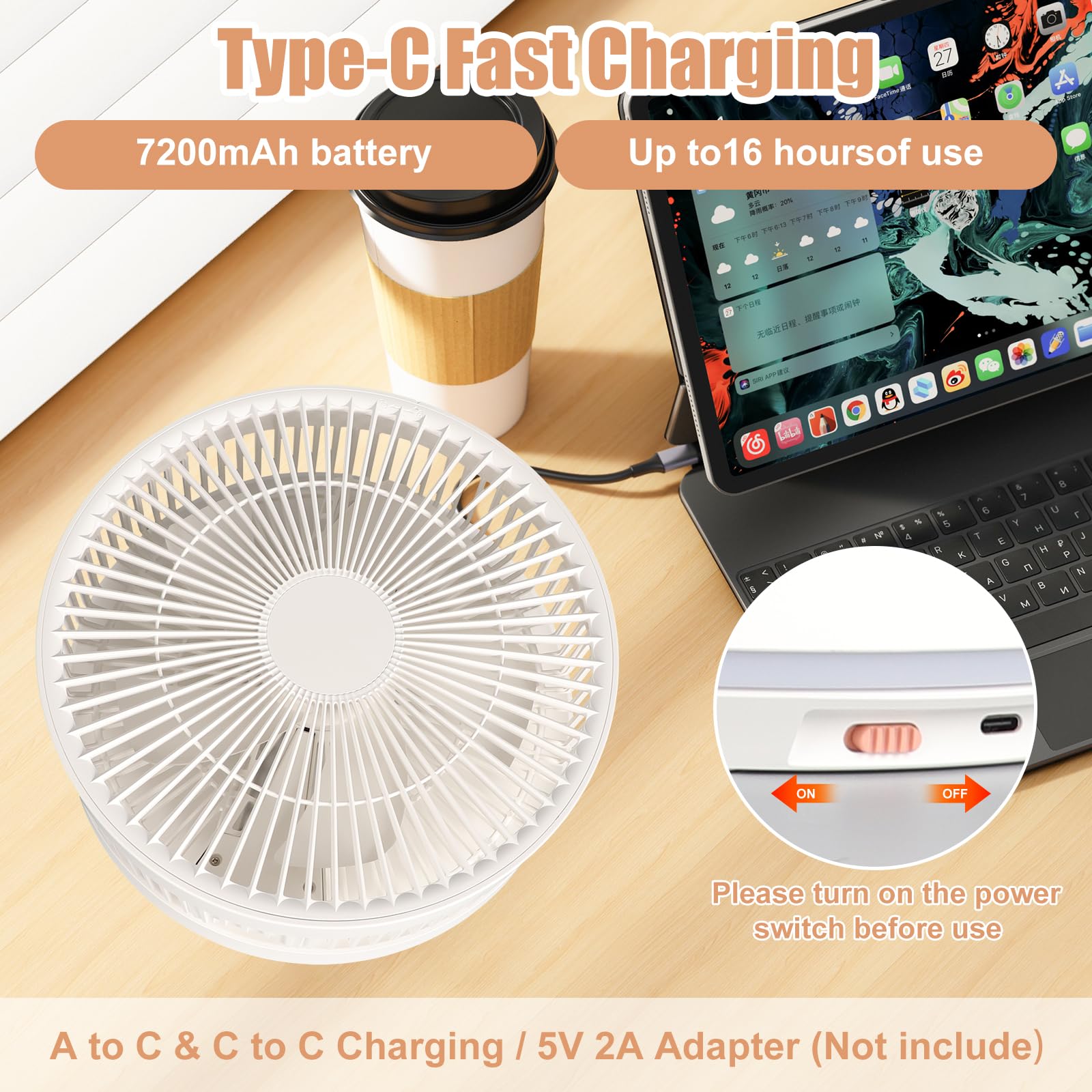 Ventilador de Pie Oscilante Portátil Plegable con Remoto, 5.5-36 pulgadas Altura Ajustable, 7200mAh USB C Pequeño Mesa Ventiladores Silencioso con Temporizador para Viajes Camping Dormitorio